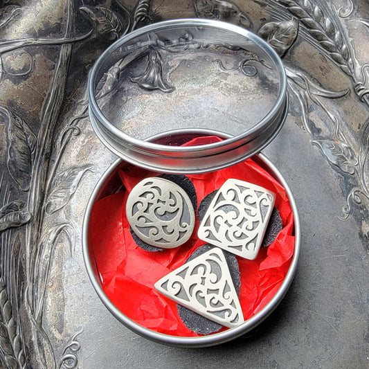 Jul Designs decorative metal buttons for knitting silver filigree triangle square round set in gift tin