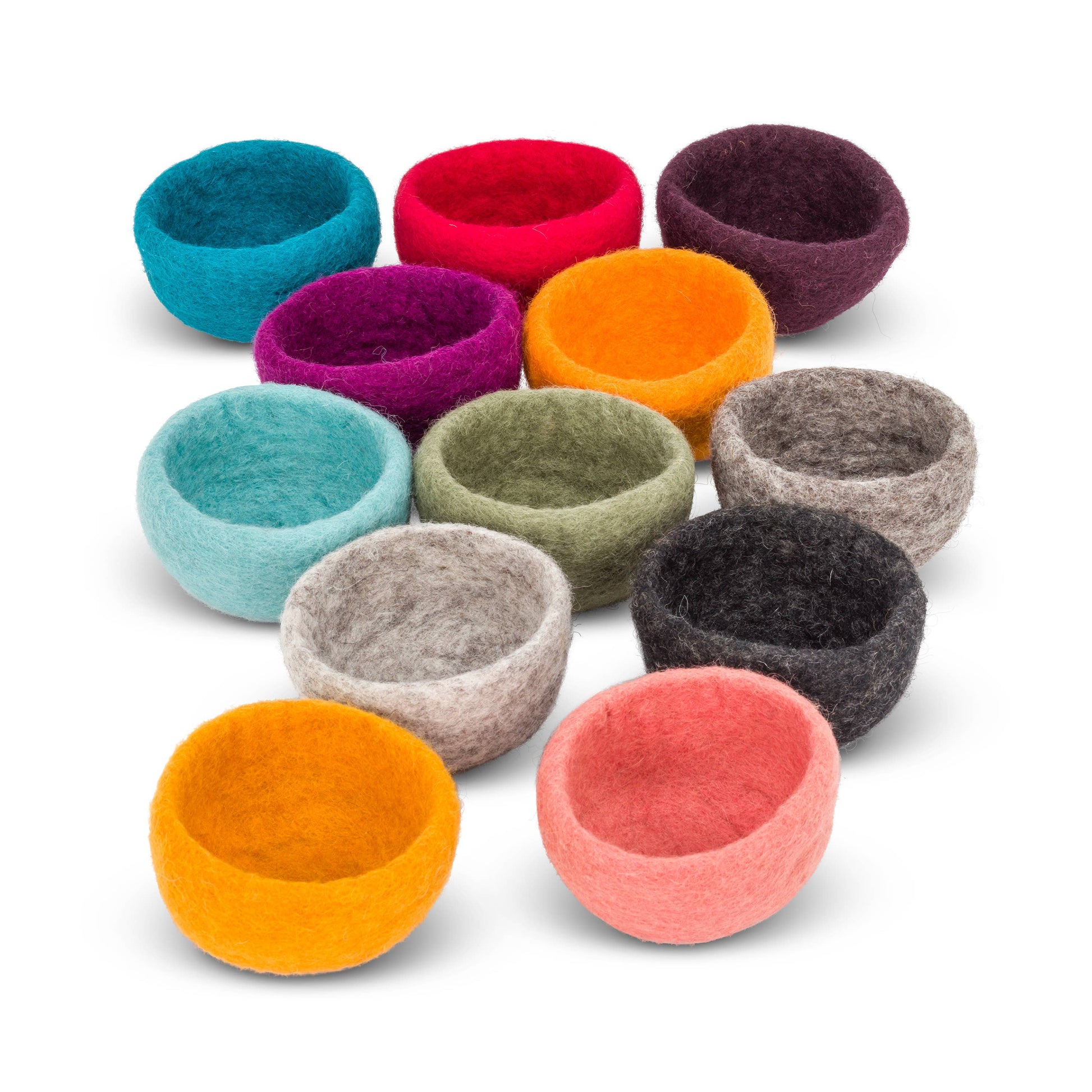 Colorful handmade yarn storage bowls in various sizes, perfect for organizing yarn and craft supplies