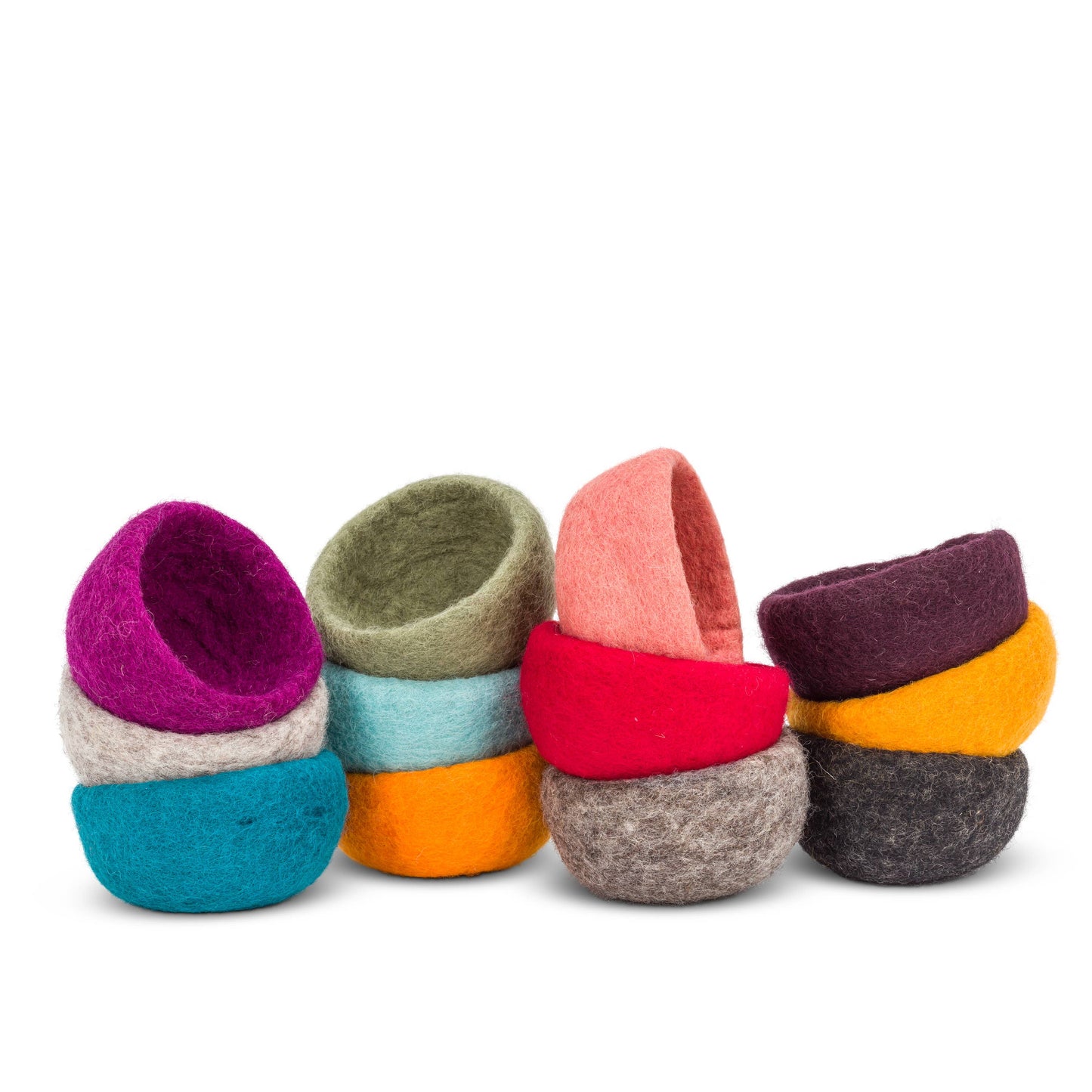 Colorful handmade yarn storage bowls stacked in various sizes for organizing crafts