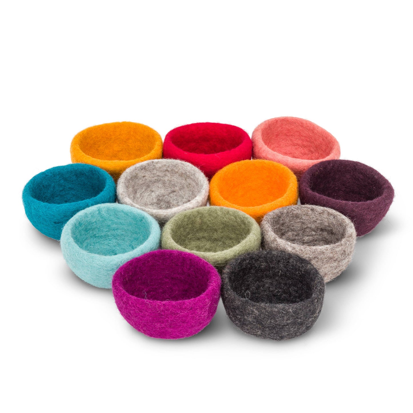Colorful handmade yarn storage bowls set in various sizes for organizing craft supplies