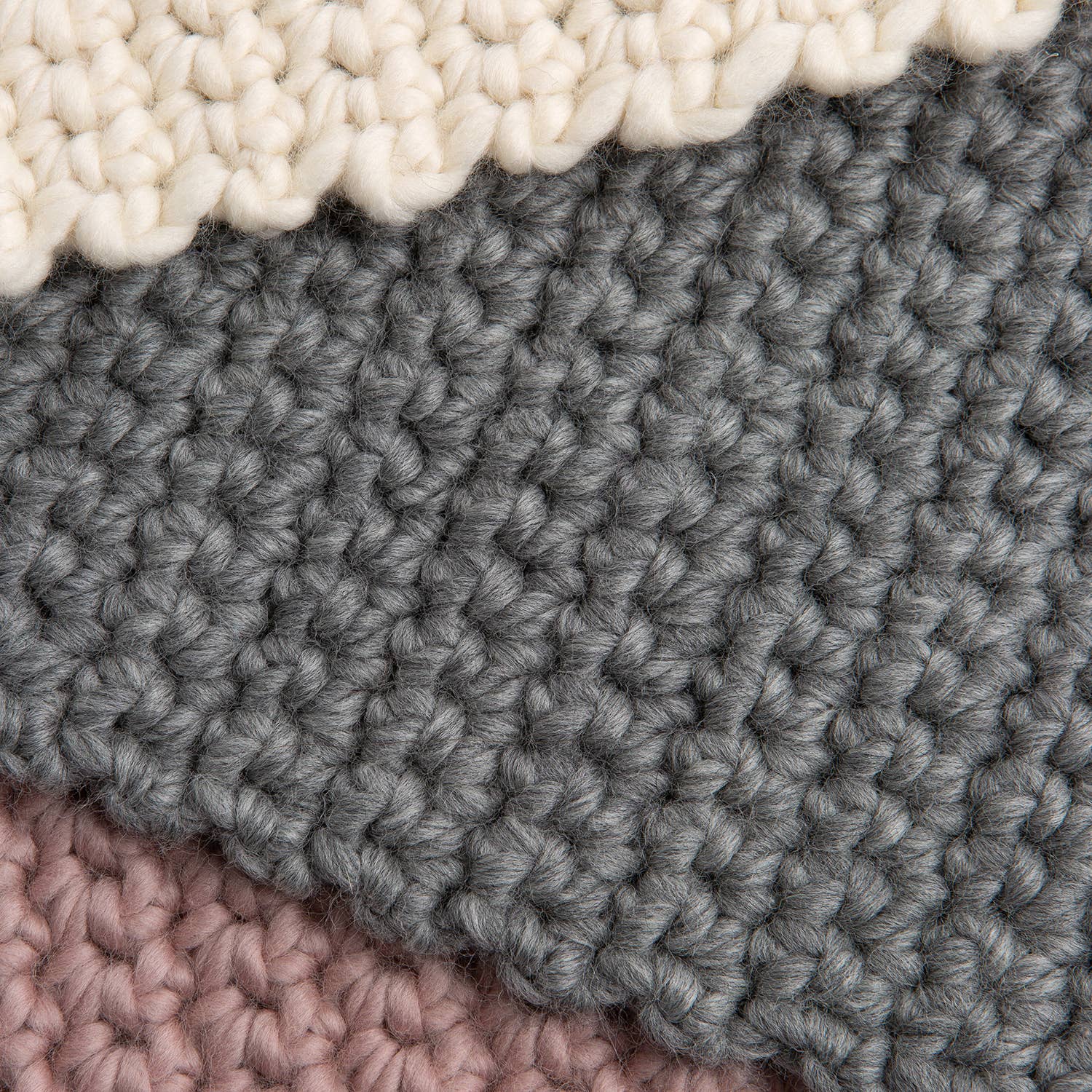 Hannah's crochet kit for beginners chunky soft wool swatch in cream gray and dusty pink showing large crochet stitches