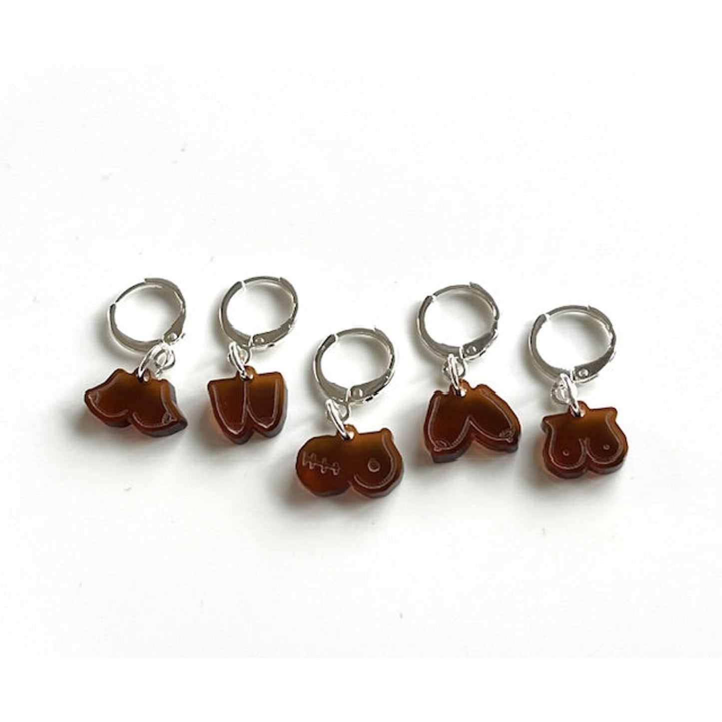 Set of six brown acrylic boobs stitch markers for knitting on silver hoop rings by HapBee Creative Studios