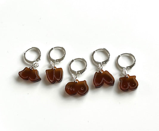 Set of six brown acrylic boobs stitch markers for knitting on silver hoop rings by HapBee Creative Studios