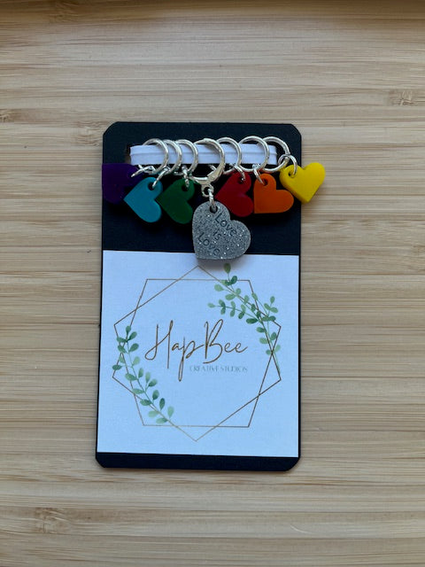 HapBee Creative Studios rainbow heart stitch markers on card with metal heart charm Love is Love knitting accessories