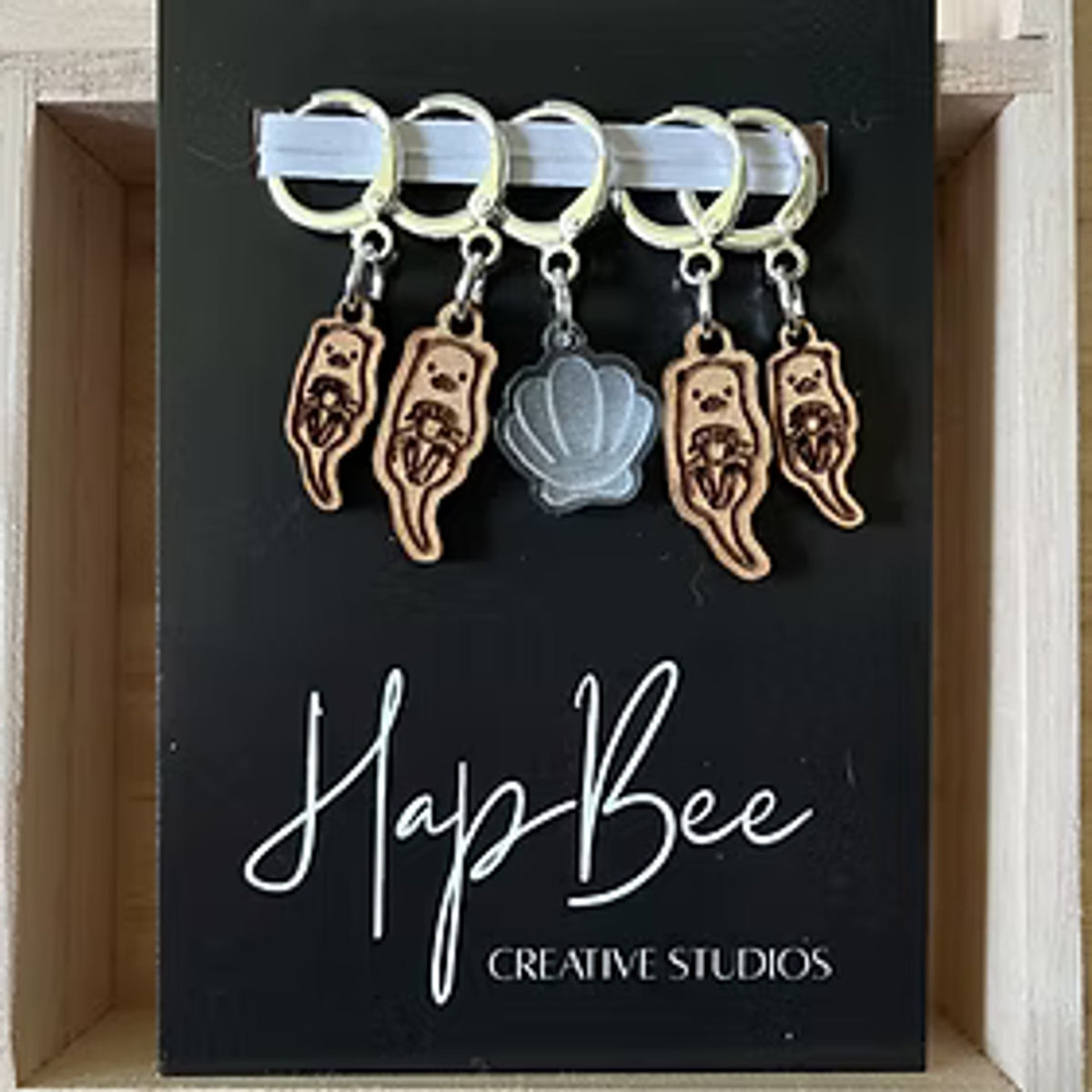 HapBee Creative Studios stitch markers for crocheting featuring cute wood designs with silver accents