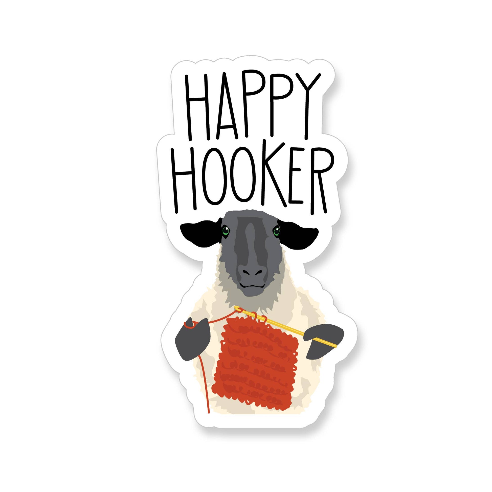 Happy Hooker Crochet Sticker featuring a sheep holding yarn and crochet hook, perfect for crafters