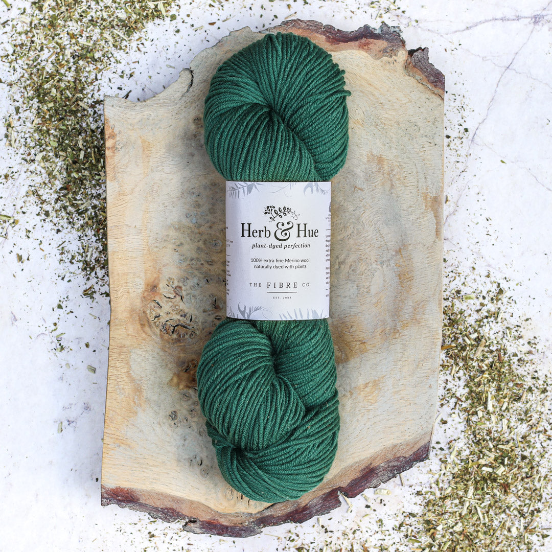Herb & Hue yarn for knitting in deep green color, perfect for cozy projects from The Fibre Co.
