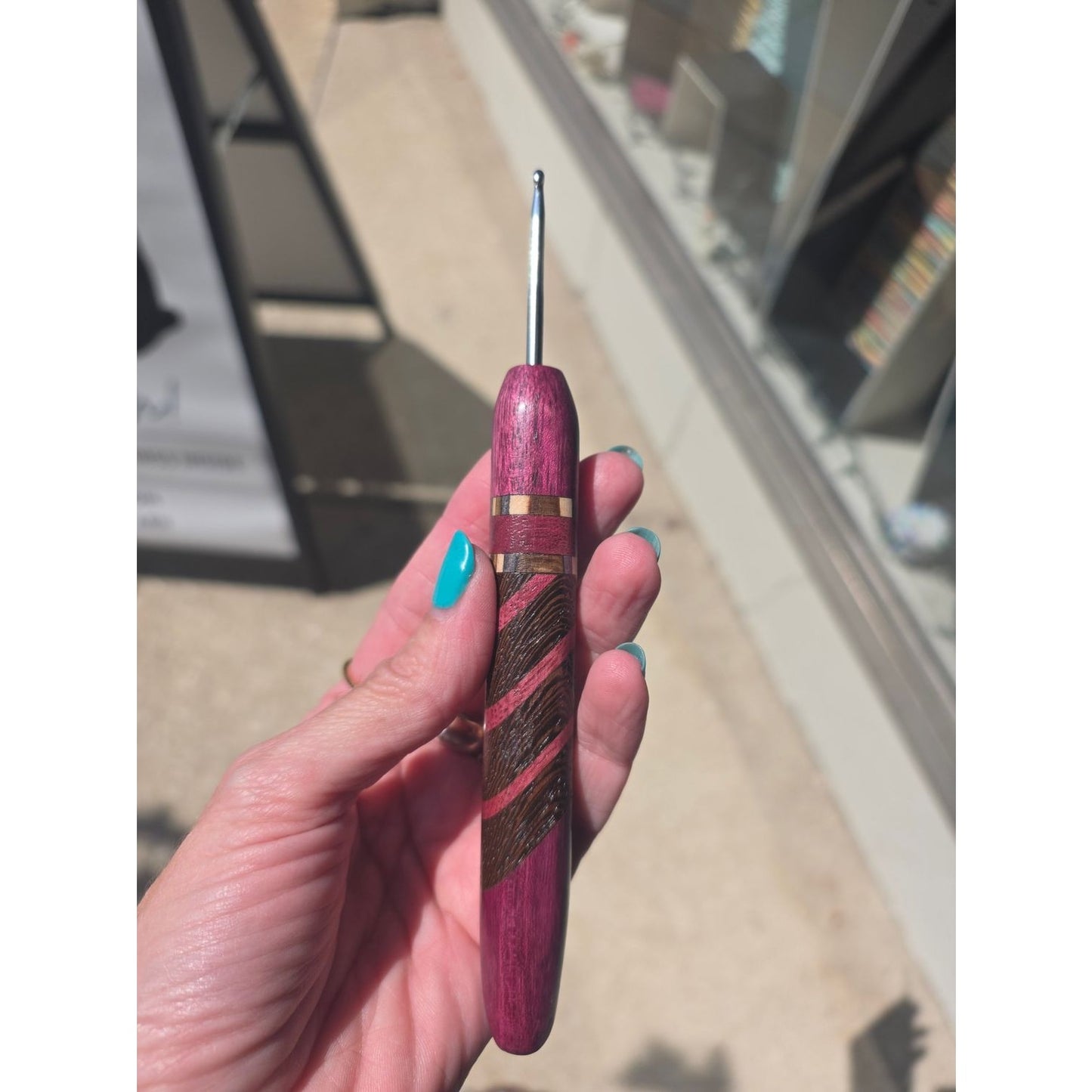 Knitbrooks handcrafted crochet hook with a purple wooden handle, perfect hooks for crochet projects