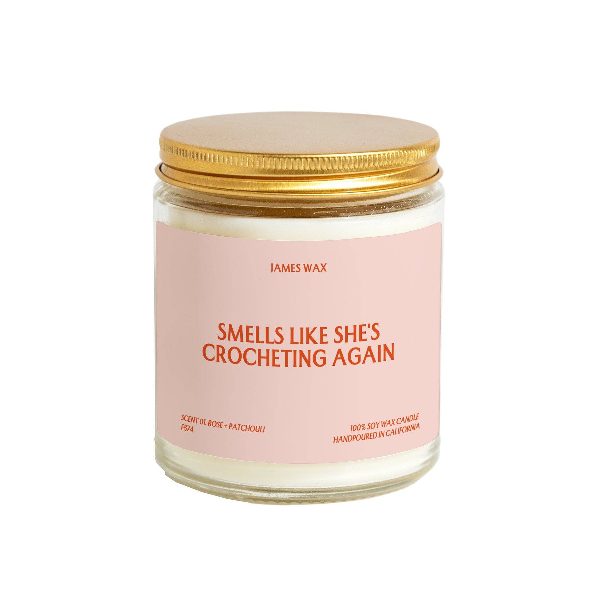 James Wax candle labeled Smells Like She's Crocheting Again, a perfect crocheting gift candle