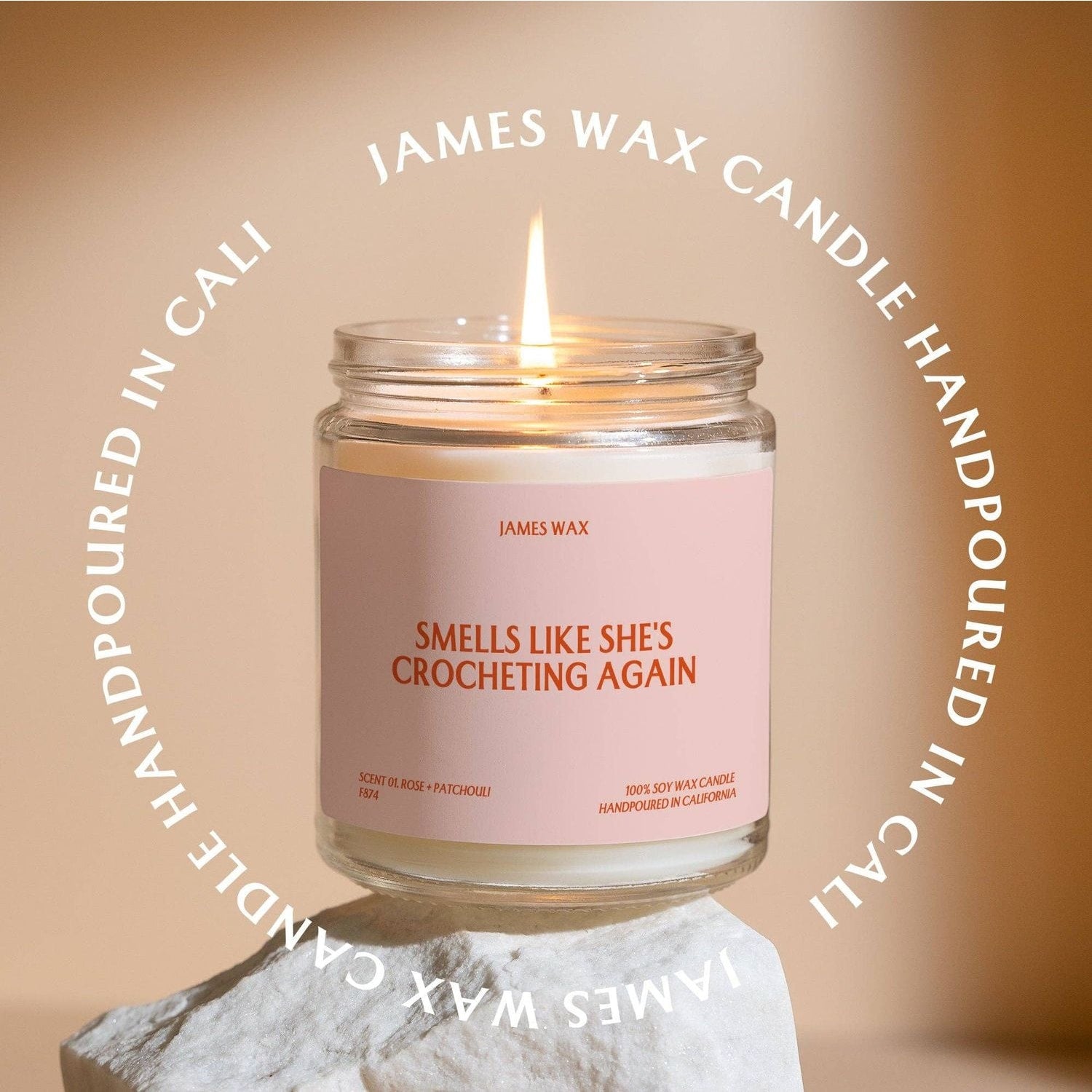 James Wax hand-poured candle with a scent that celebrates crocheting gift candle for hobby enthusiasts