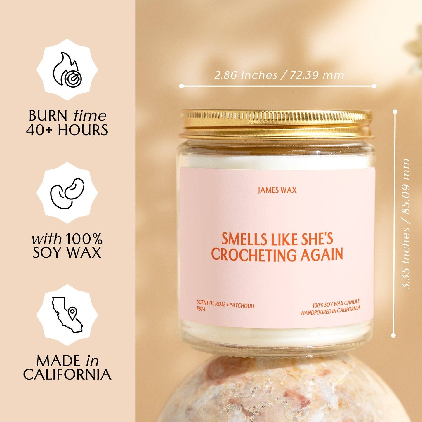 James Wax Crocheting Gift Candle with 40+ hour burn time and 100% soy wax