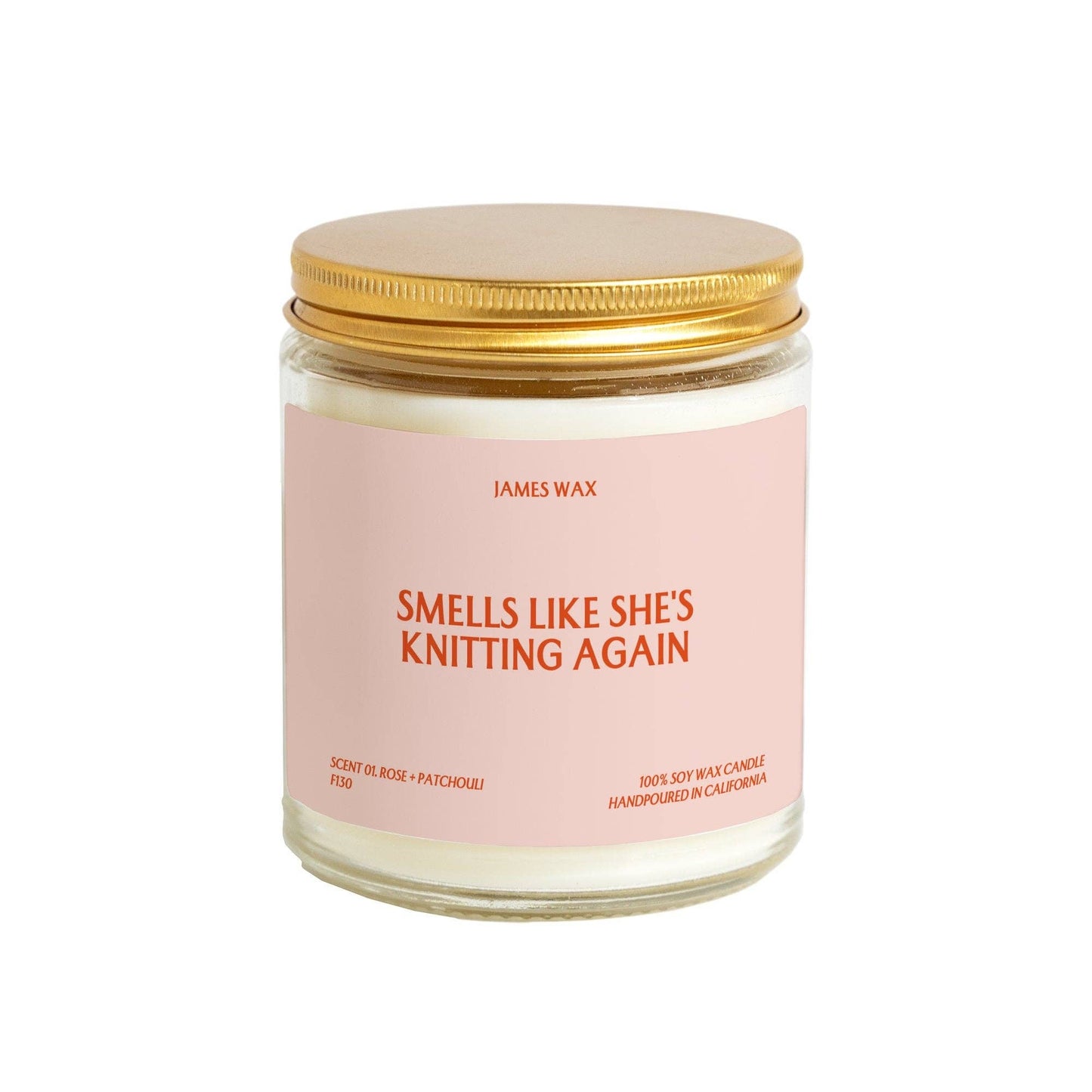James Wax Smells Like She's Knitting Again Candle, a perfect knitting gift candle with a patchouli scent