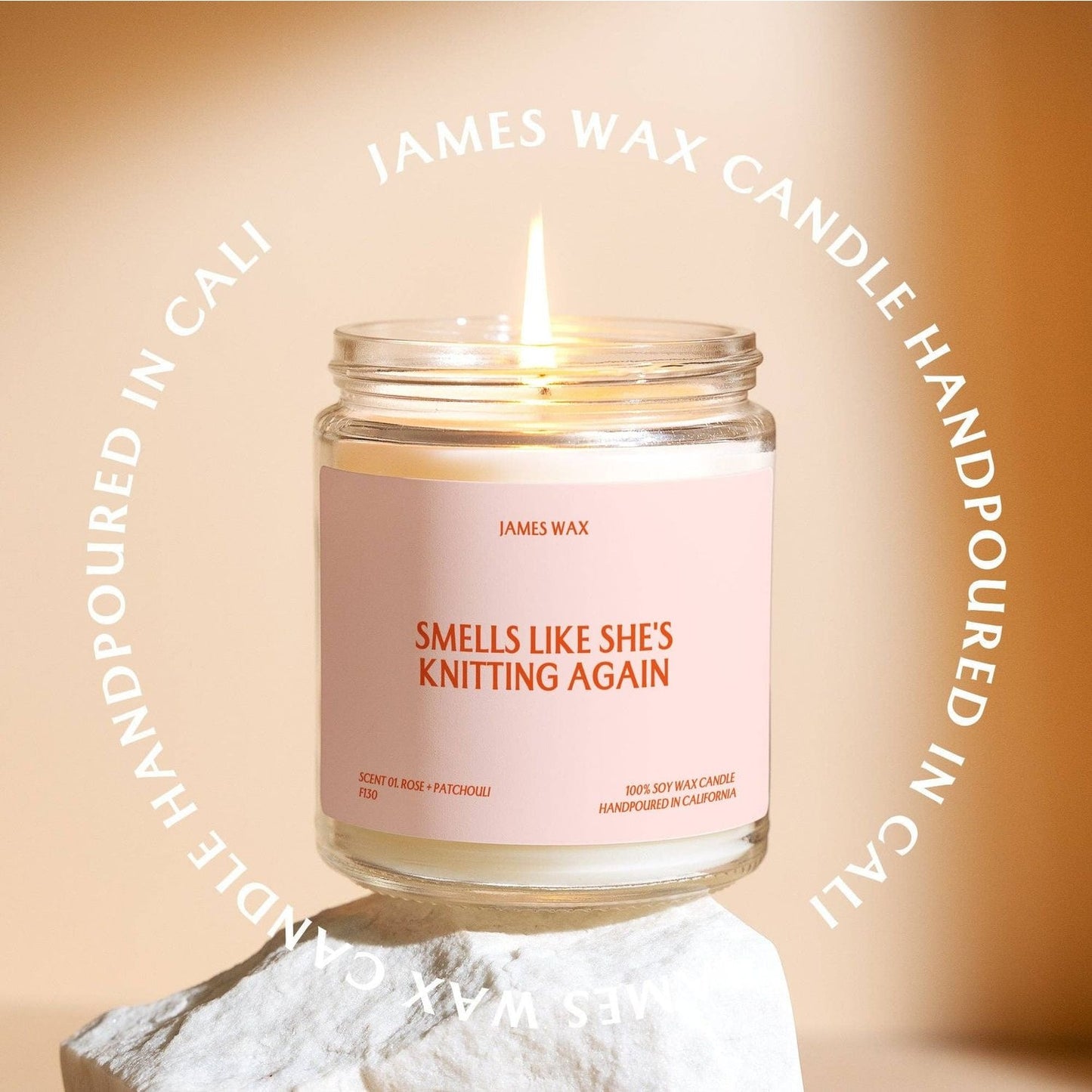 James Wax Smells Like She's Knitting Again Candle, a perfect knitting gift candle for cozy crafting moments