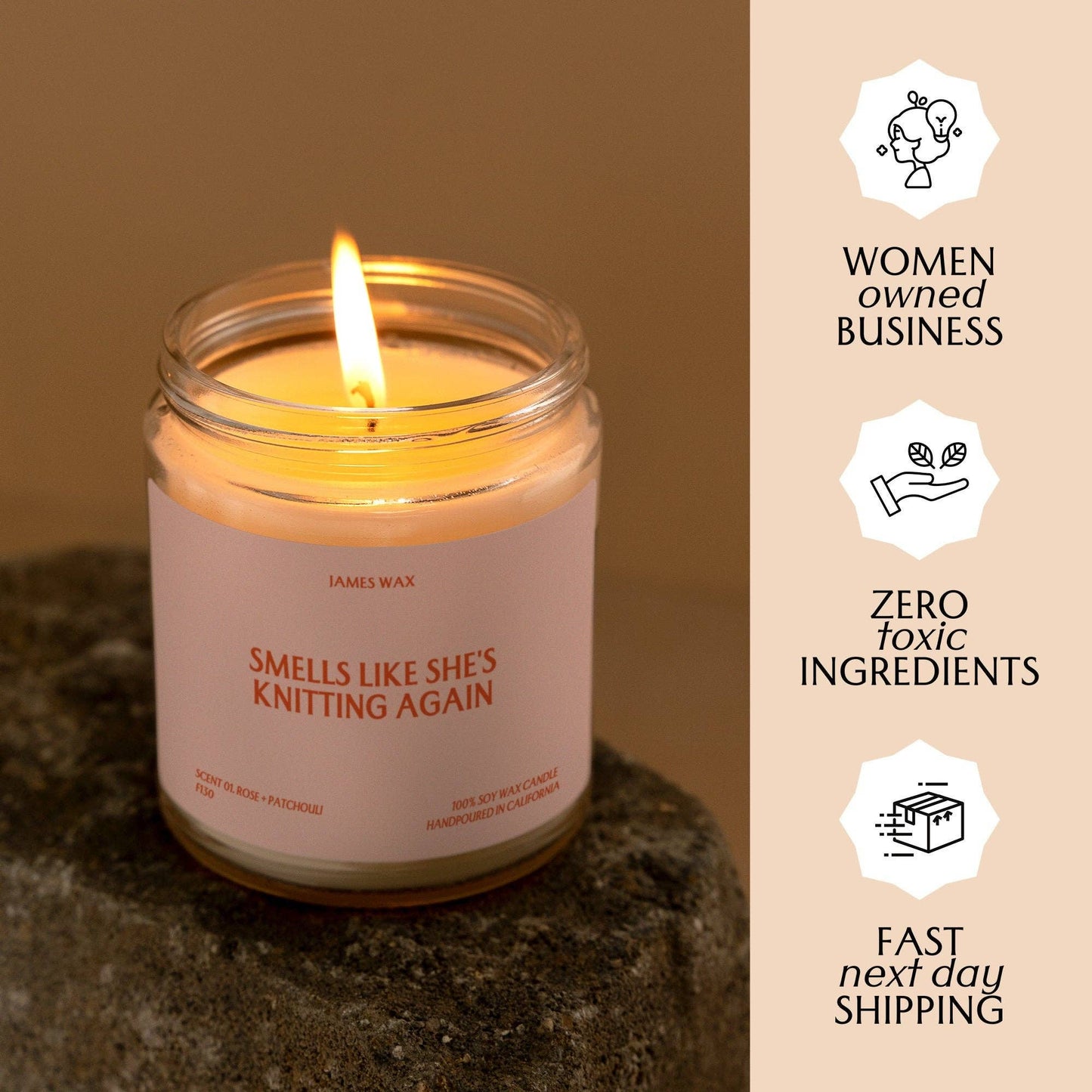 James Wax knitting gift candle with a warm glow, perfect for cozy knitting sessions and thoughtful gifting