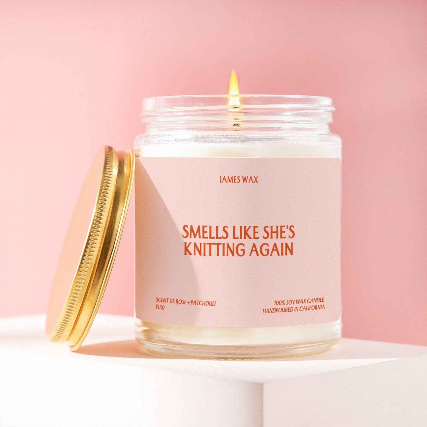 James Wax candle with scent 'Smells Like She's Knitting Again' perfect for a knitting gift candle
