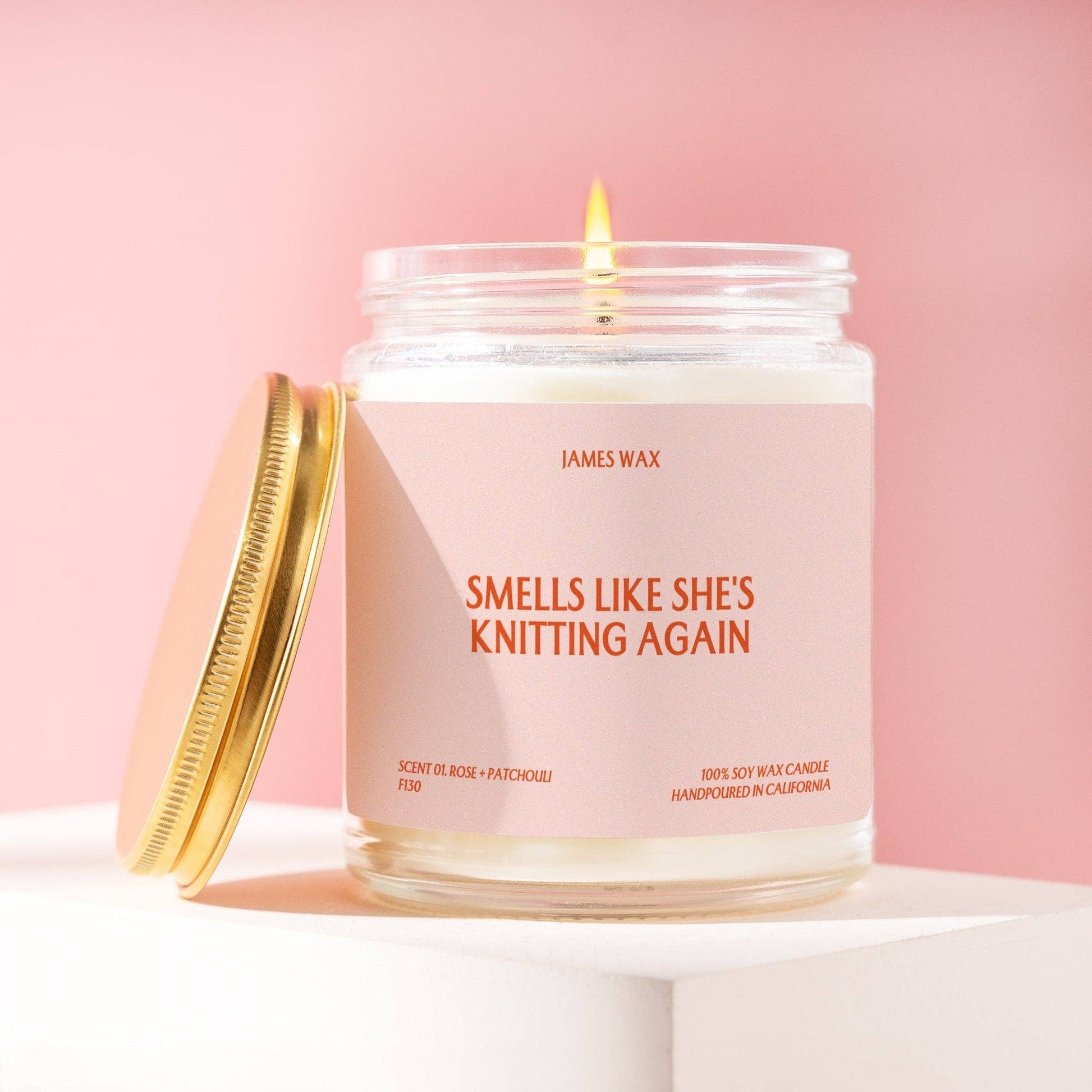 James Wax candle with scent 'Smells Like She's Knitting Again' perfect for a knitting gift candle