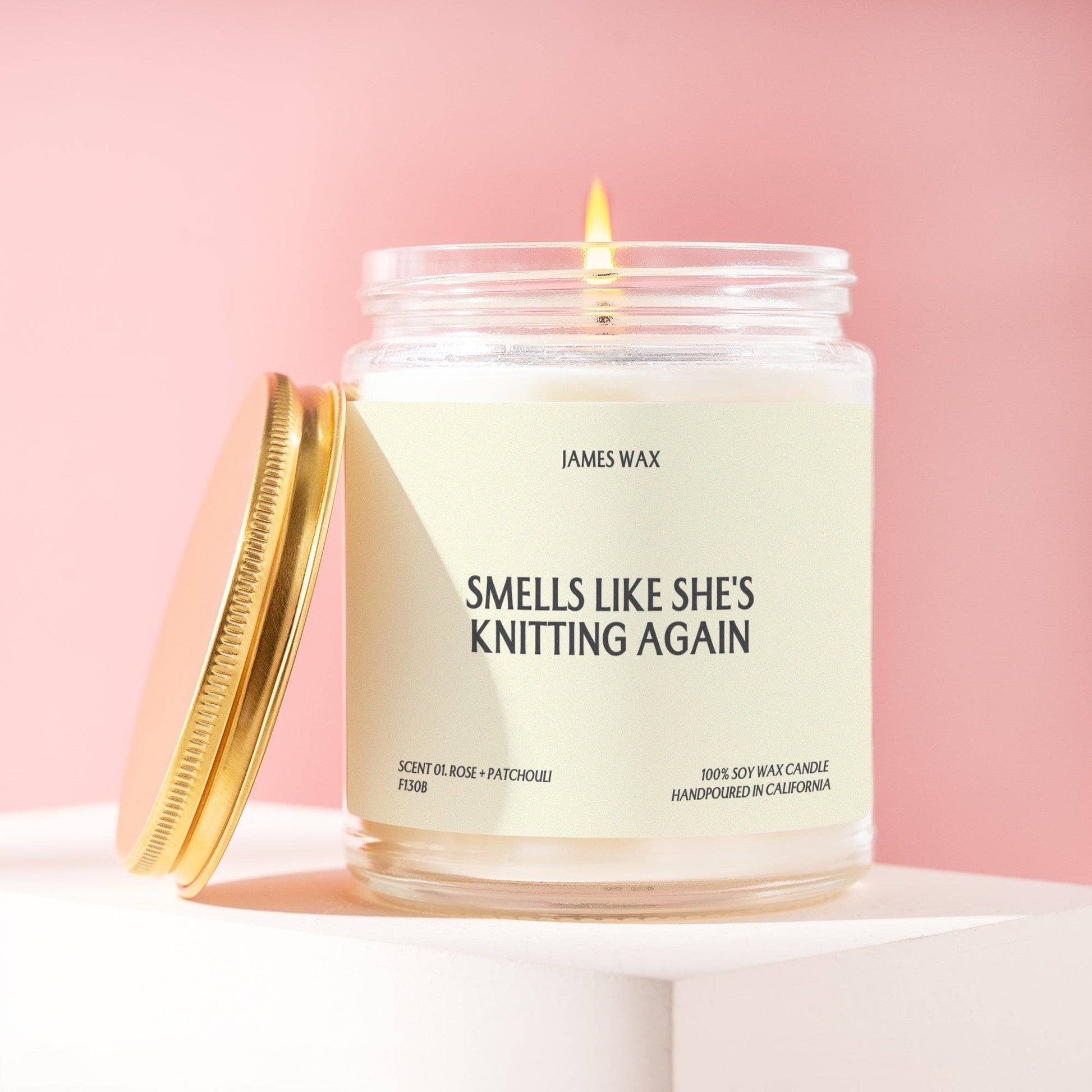 James Wax Smells Like She's Knitting Again Candle, a perfect knitting themed gift candle for craft lovers