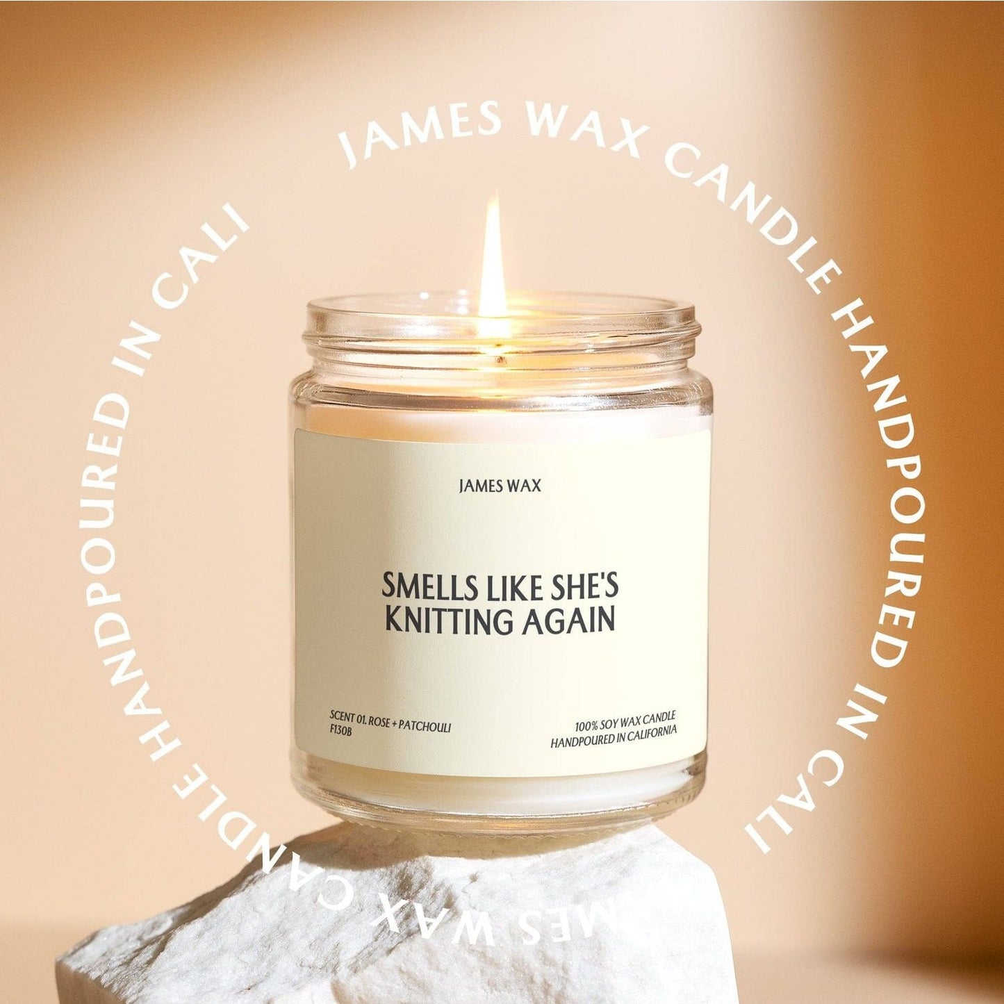 James Wax Smells Like She's Knitting Again Candle, a perfect knitting themed gift candle for crafters