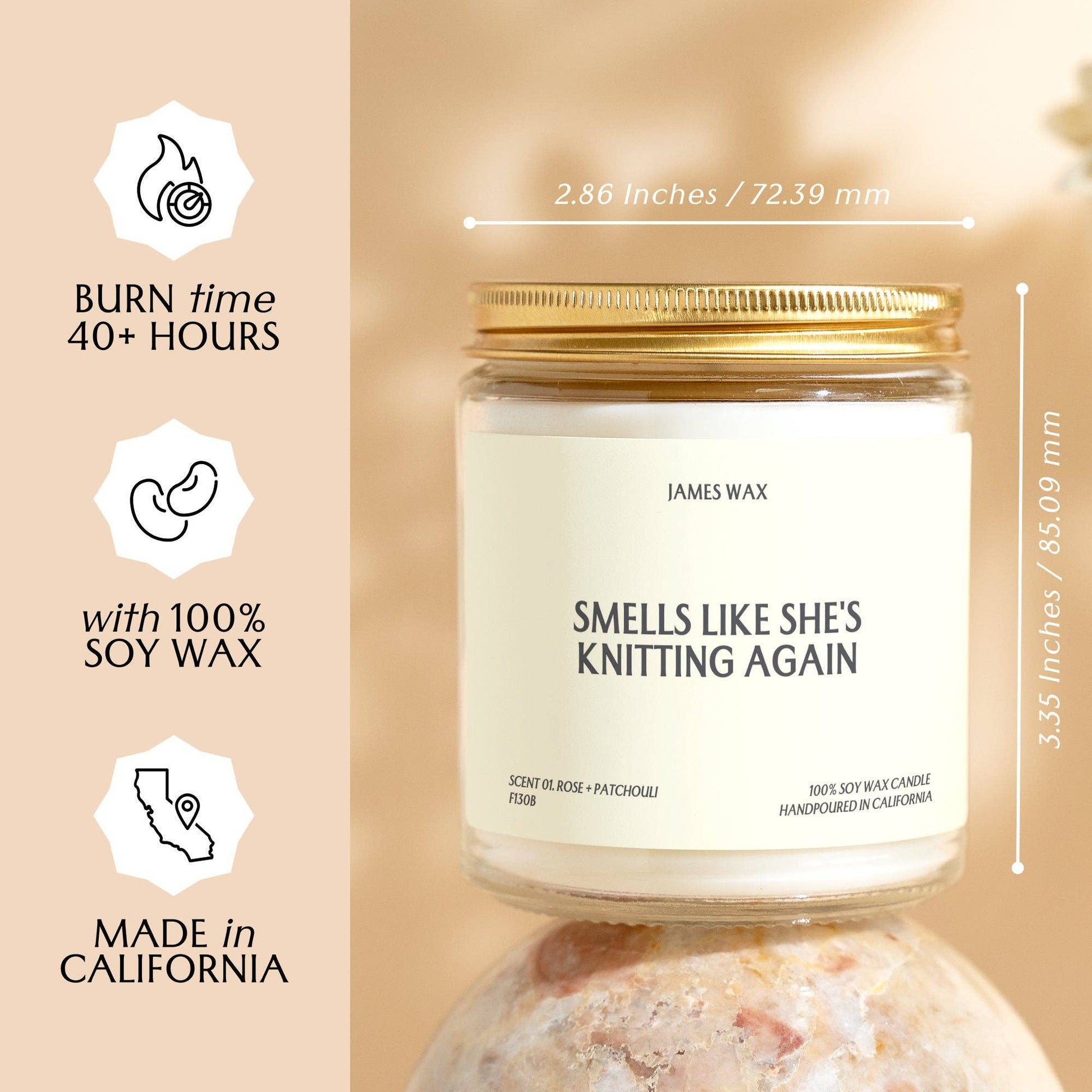 James Wax Smells Like She's Knitting Again Candle, a perfect knitting themed gift candle for cozy moments