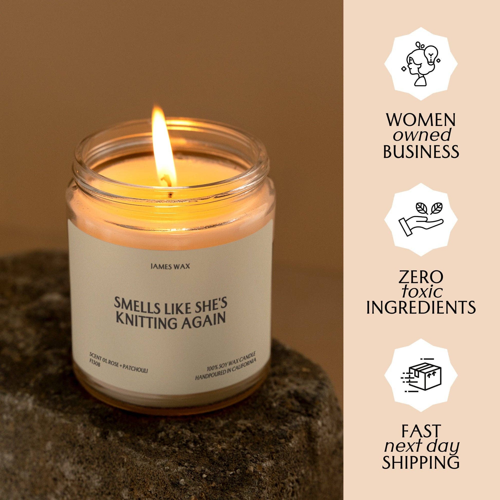 James Wax knitting themed gift candle with natural ingredients and a warm amber scent