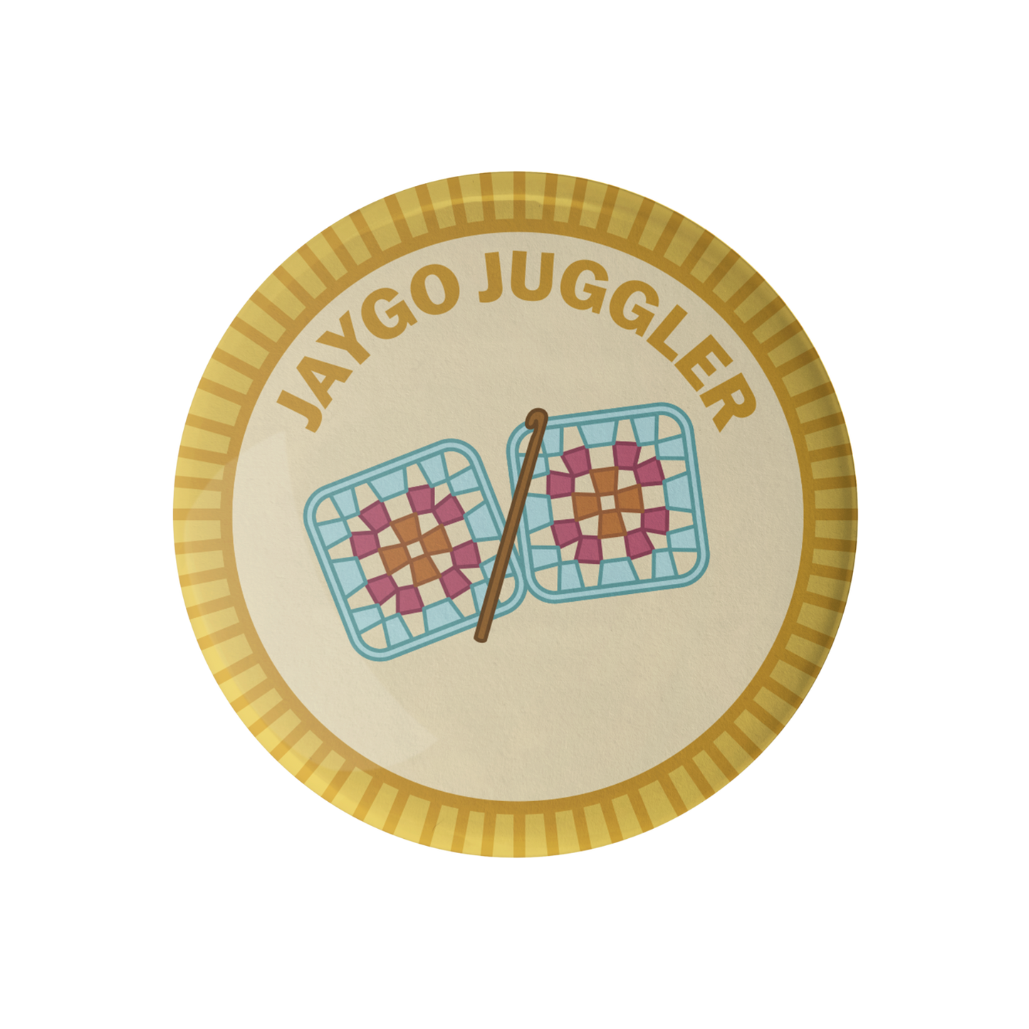 Camp Stitchwood Jaygo Juggler Camp Patch featuring colorful quilted designs and a juggling stick