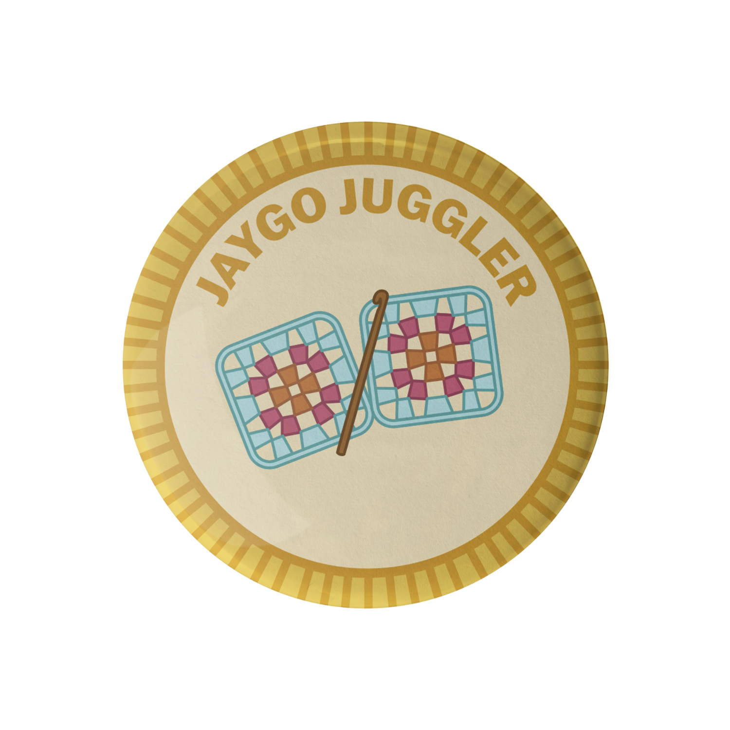 Camp Stitchwood Jaygo Juggler Camp Patch featuring colorful quilted designs and a juggling stick