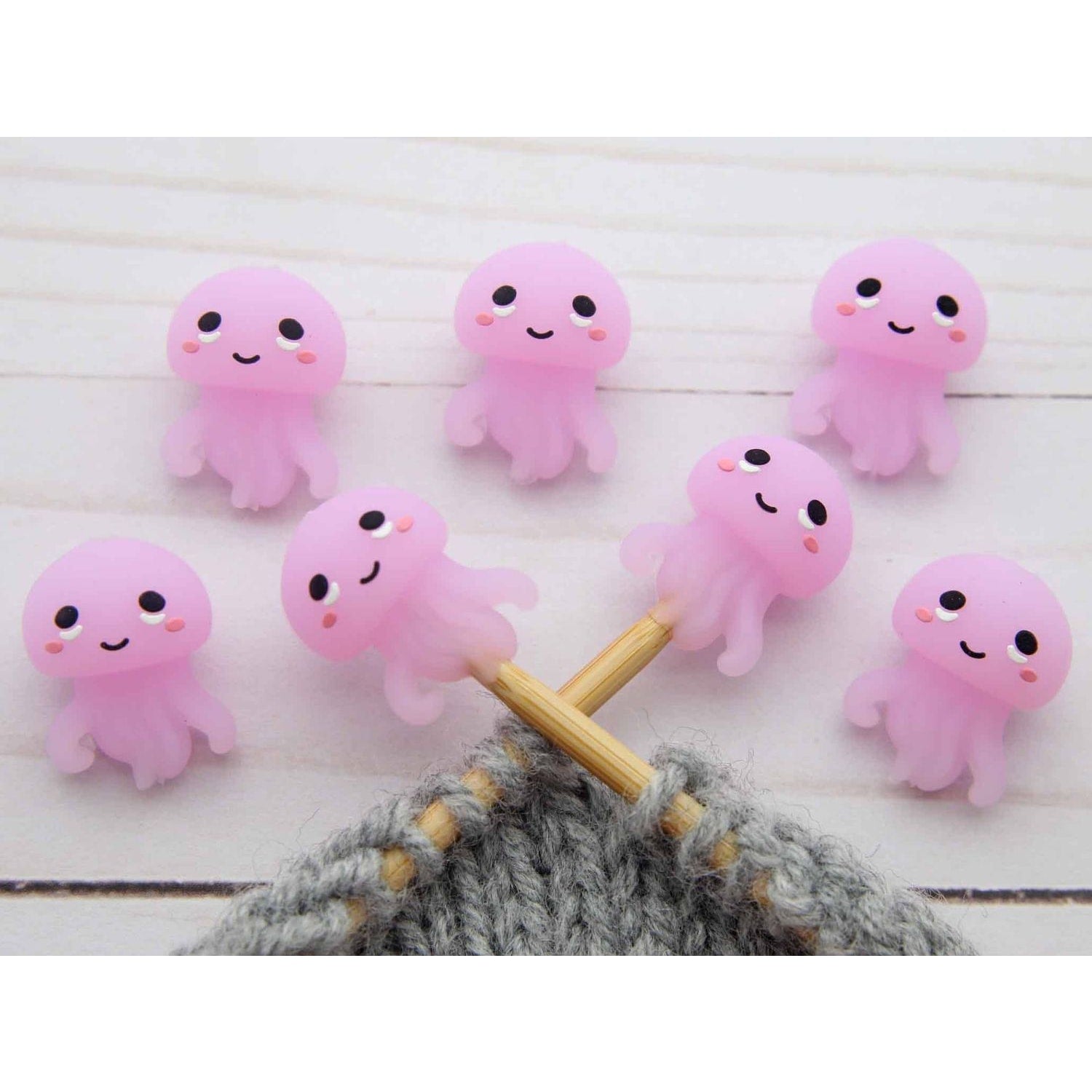 Cute jellyfish pink stitch markers by Fox & Pine Stitches for knitting and crochet projects