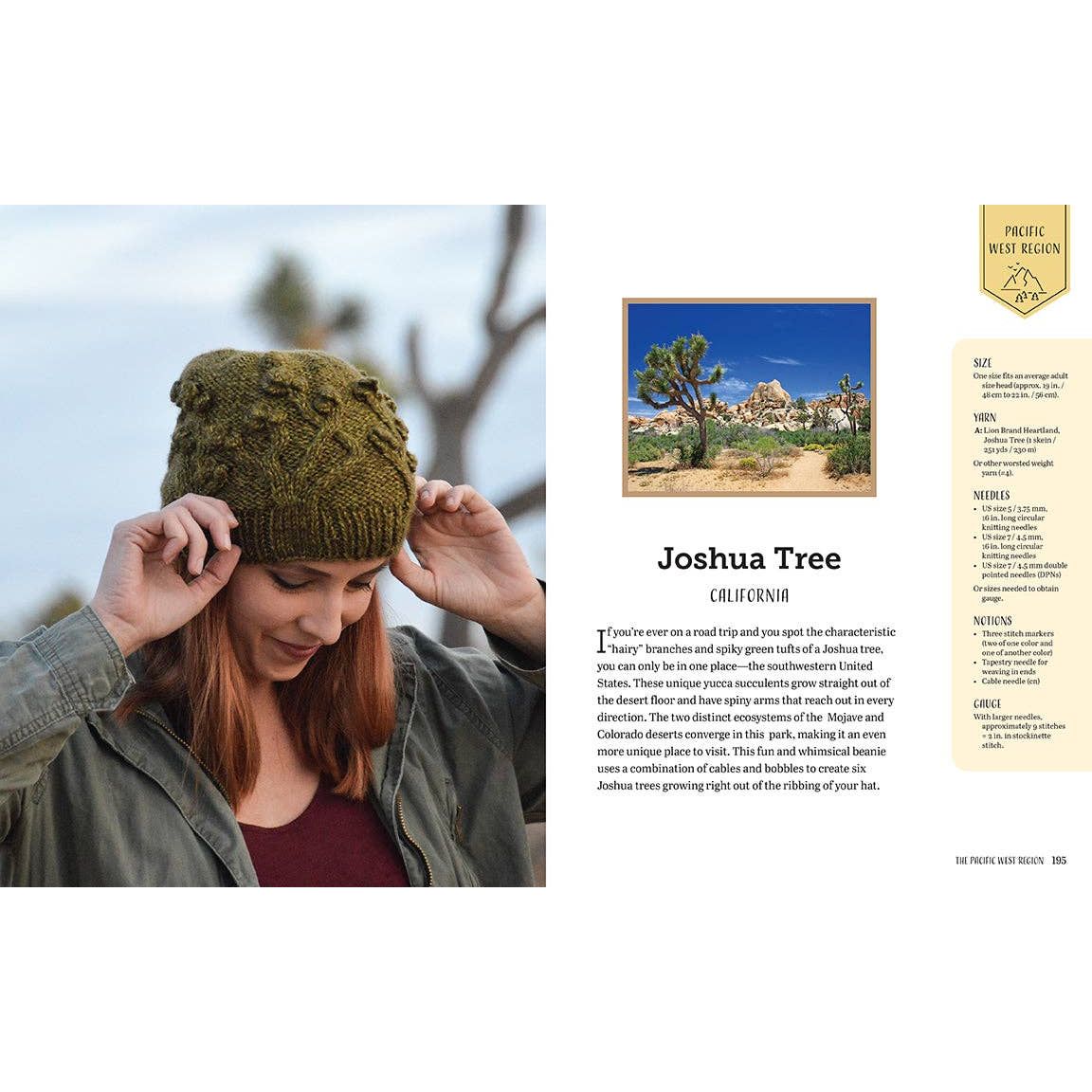 Cozy knit hat model in front of Joshua Tree, inspired by Yellowstone National Parks scenery