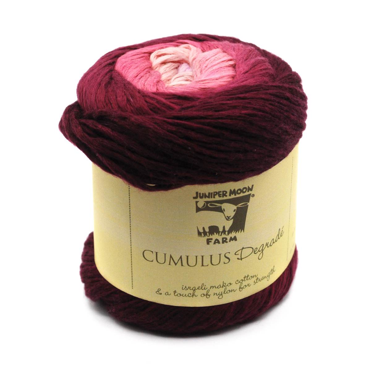 Juniper Moon Farm Cumulus Dégradé yarn in rich burgundy and pink tones for versatile knitting projects