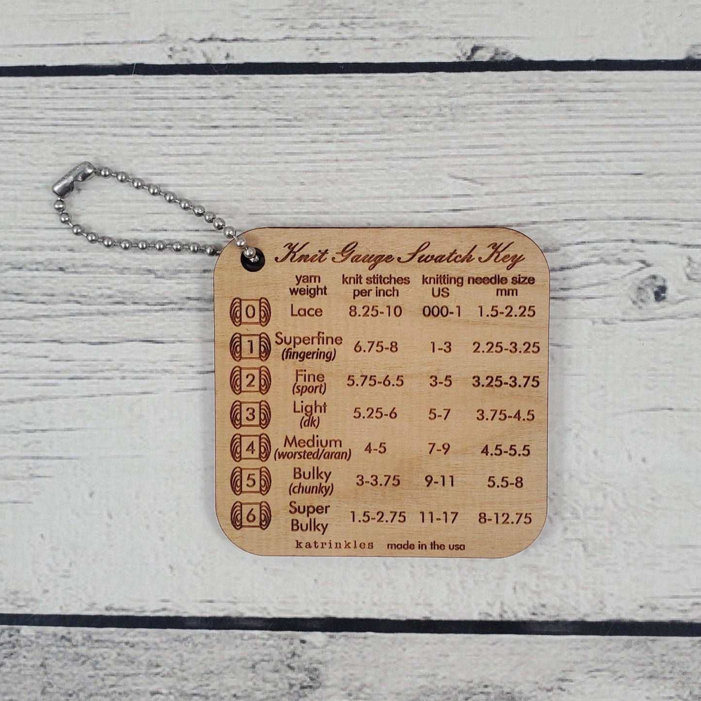Katrinkles Knit Gauge Swatch Key Wood Tool for Knitting with Yarn Weight and Needle Size Guide