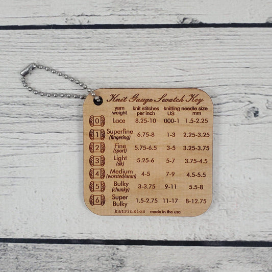 Katrinkles Knit Gauge Swatch Key Wood Tool for Knitting with Yarn Weight and Needle Size Guide