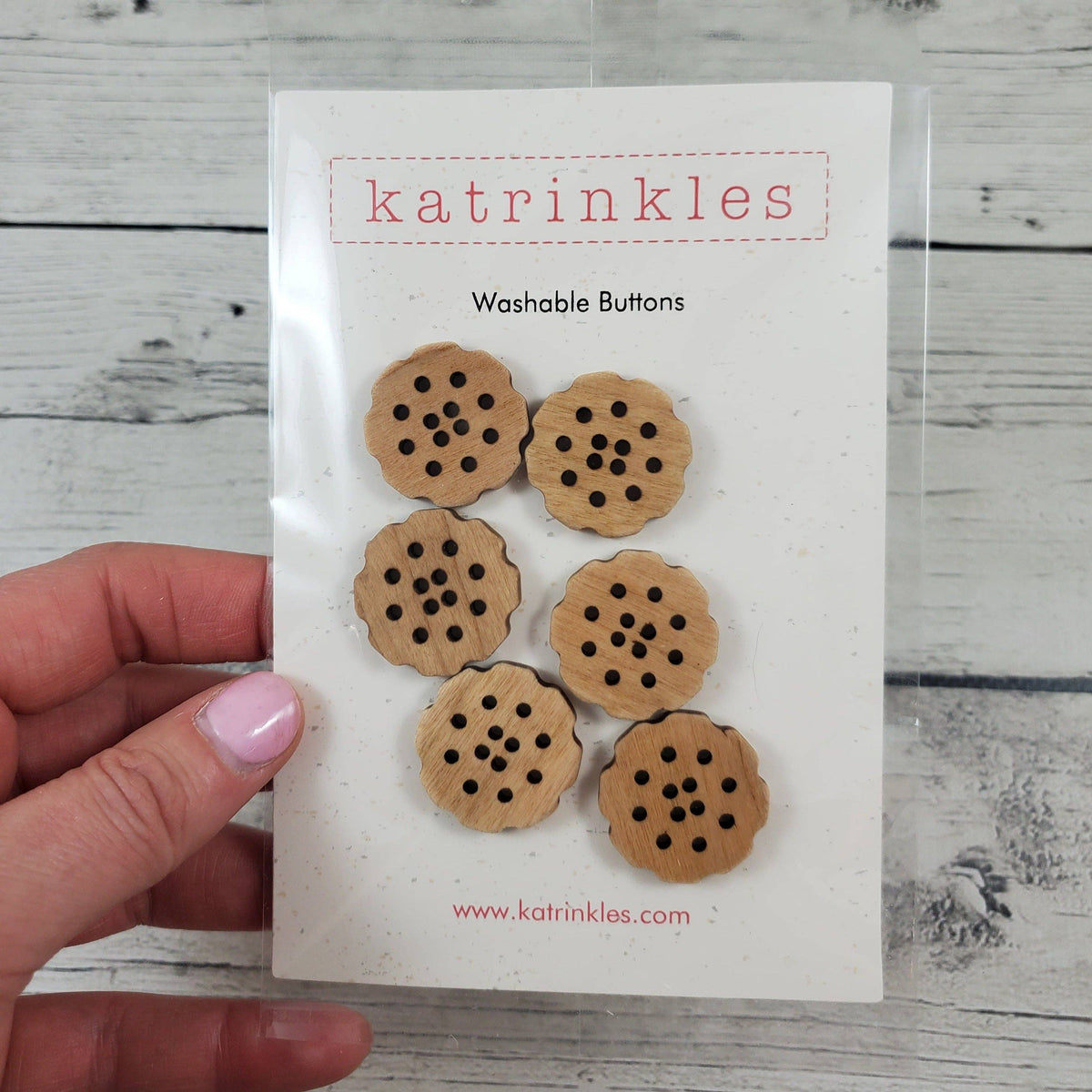 Katrinkles Washable Buttons Set featuring bachelor buttons flower design in natural wood