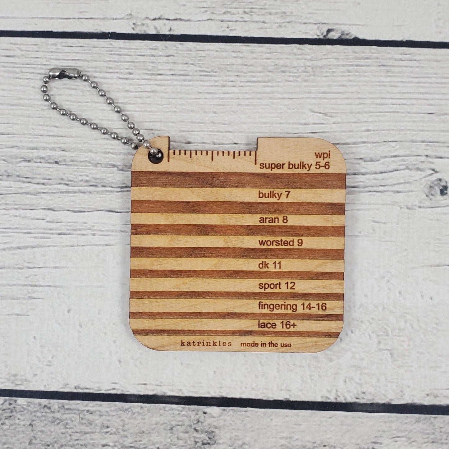 Katrinkles DK Yarn Gauge in Wood with Measurement Marks for Various Yarn Weights