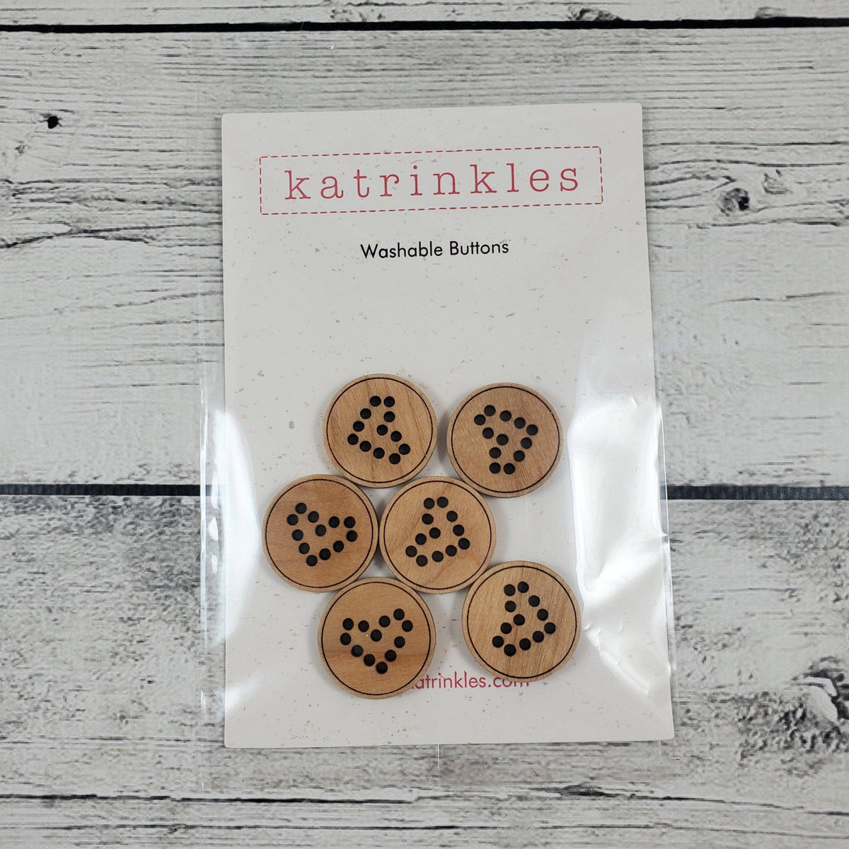 Katrinkles heart buttons set of six in wood with black dot design for crafts and sewing projects