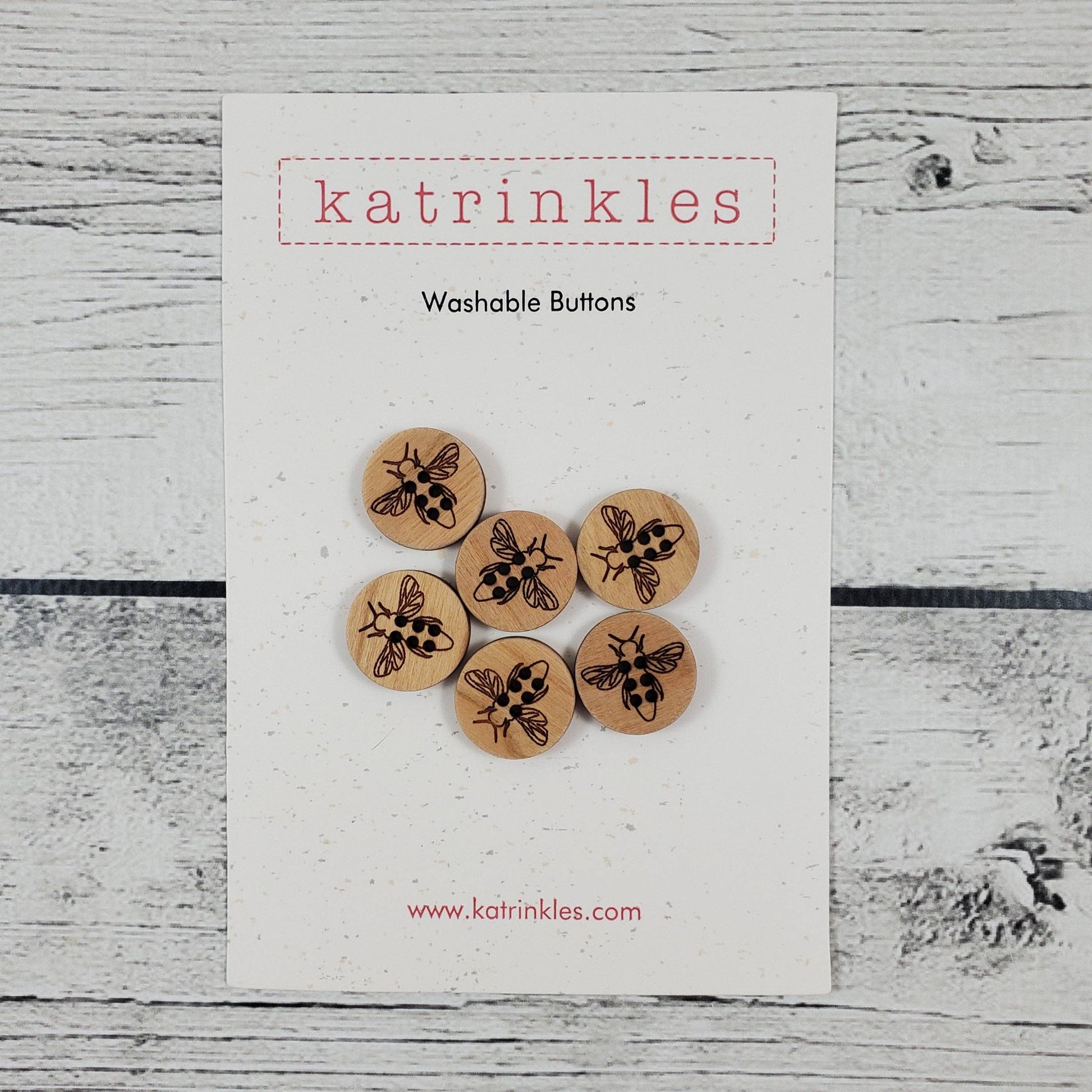 Katrinkles Washable Buttons featuring adorable honey bee designs in natural wood finish