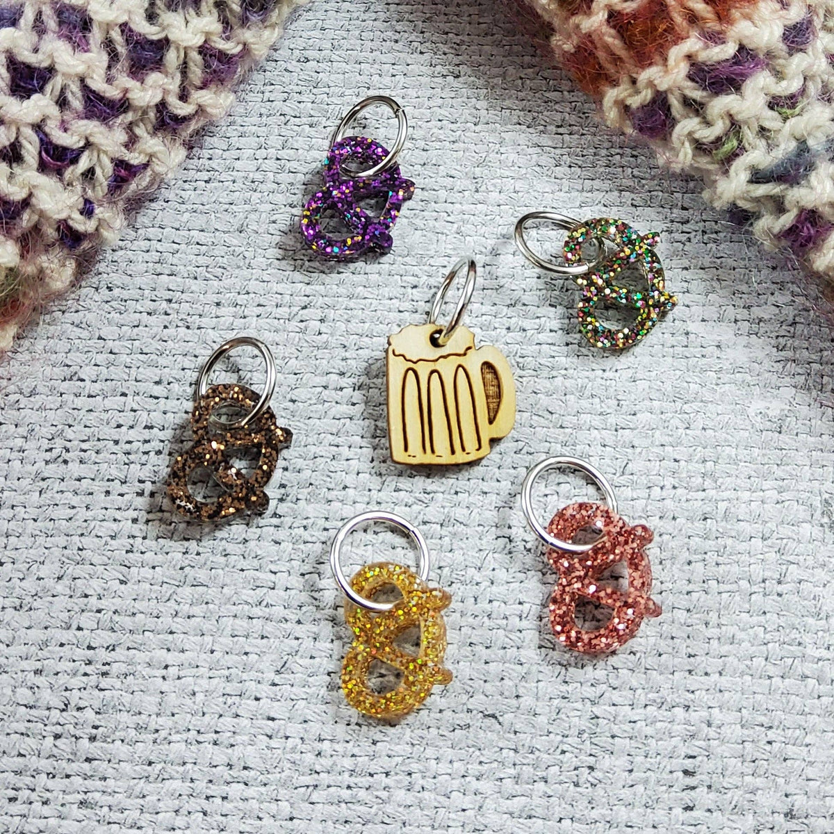 Katrinkles colorful stitch markers for crocheting in various designs including glitter and a beer mug