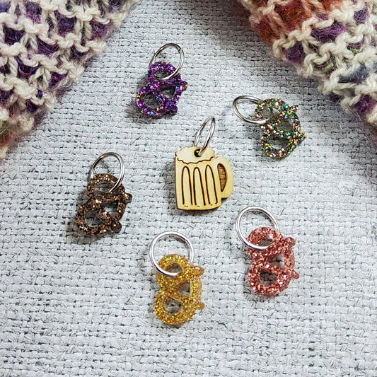 Katrinkles colorful stitch markers for crocheting in various designs including glitter and a beer mug