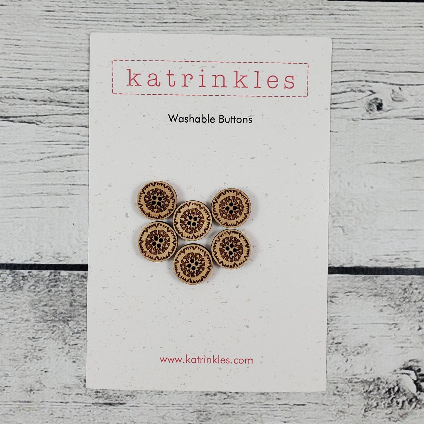 Katrinkles Washable Buttons Set featuring six natural wood buttons with intricate designs