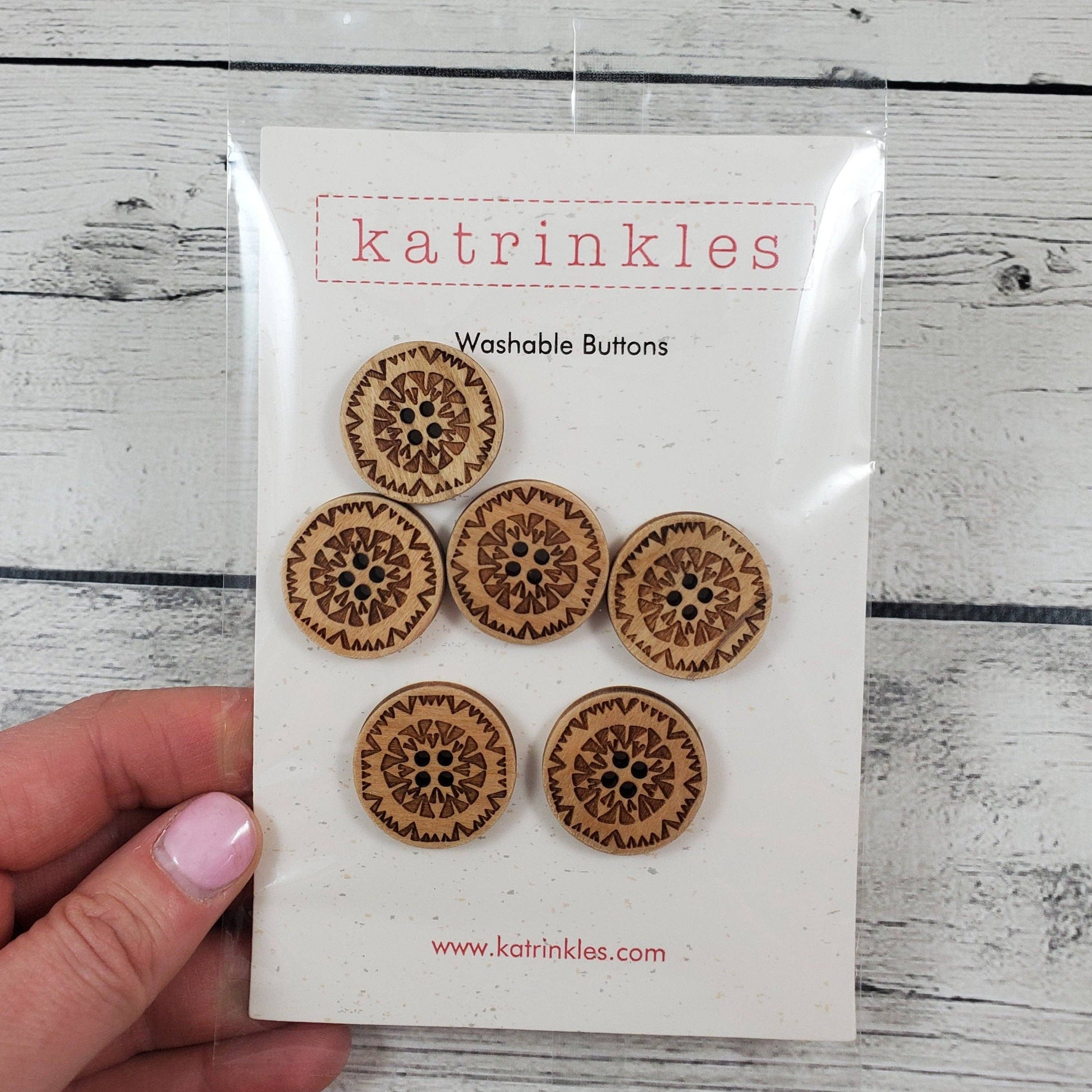 Katrinkles Washable Buttons Set of Six with Intricate Floral Design on Brown Background
