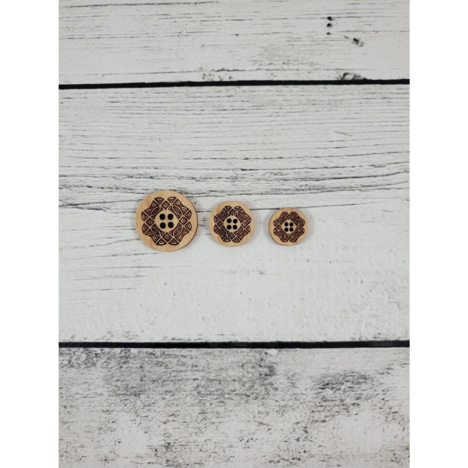 Katrinkles Wooden Buttons Set in Three Sizes with Intricate Geometric Design