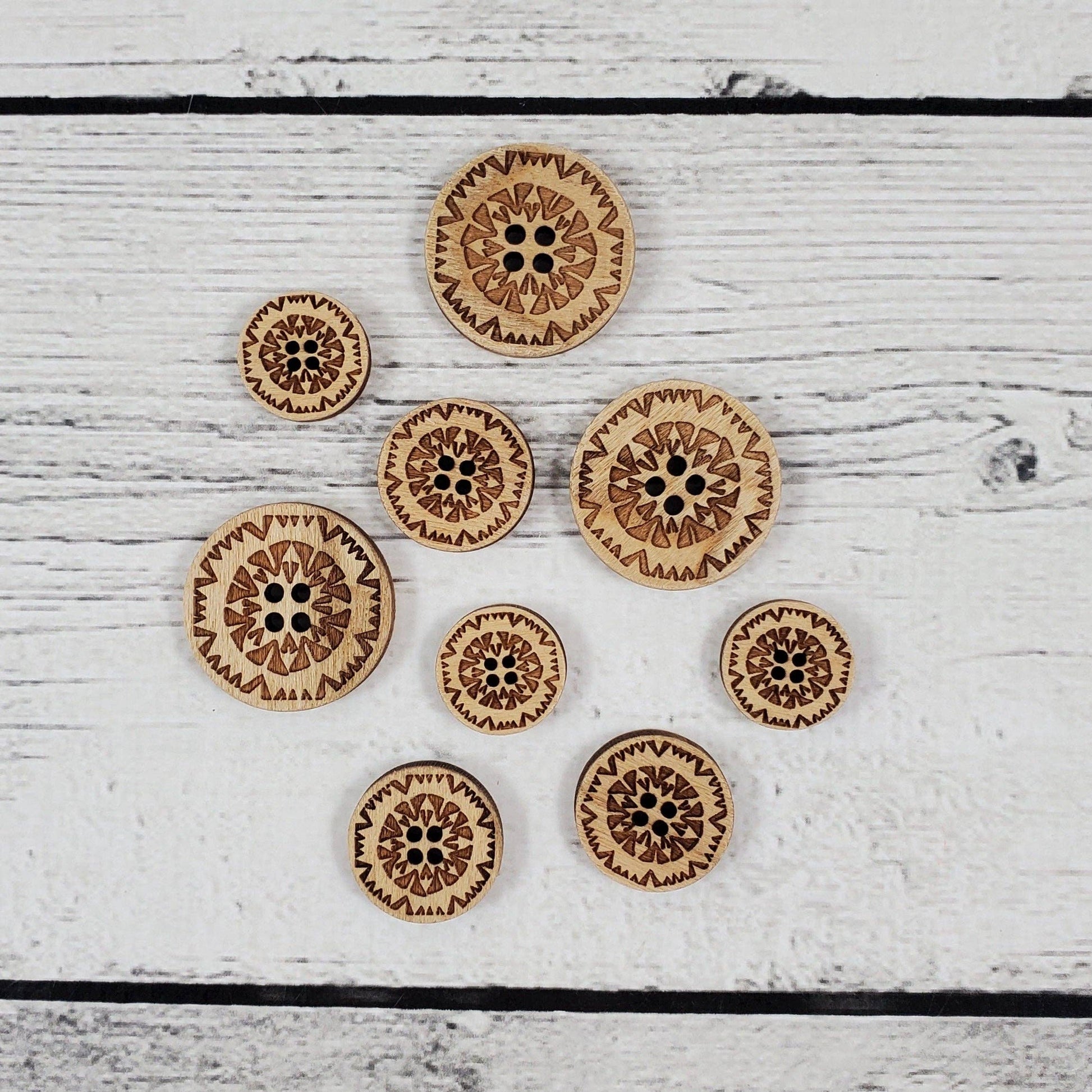 Katrinkles wooden buttons set featuring intricate floral designs in various sizes for crafting projects
