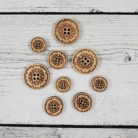 Katrinkles wooden buttons set featuring intricate floral designs in various sizes for crafting projects