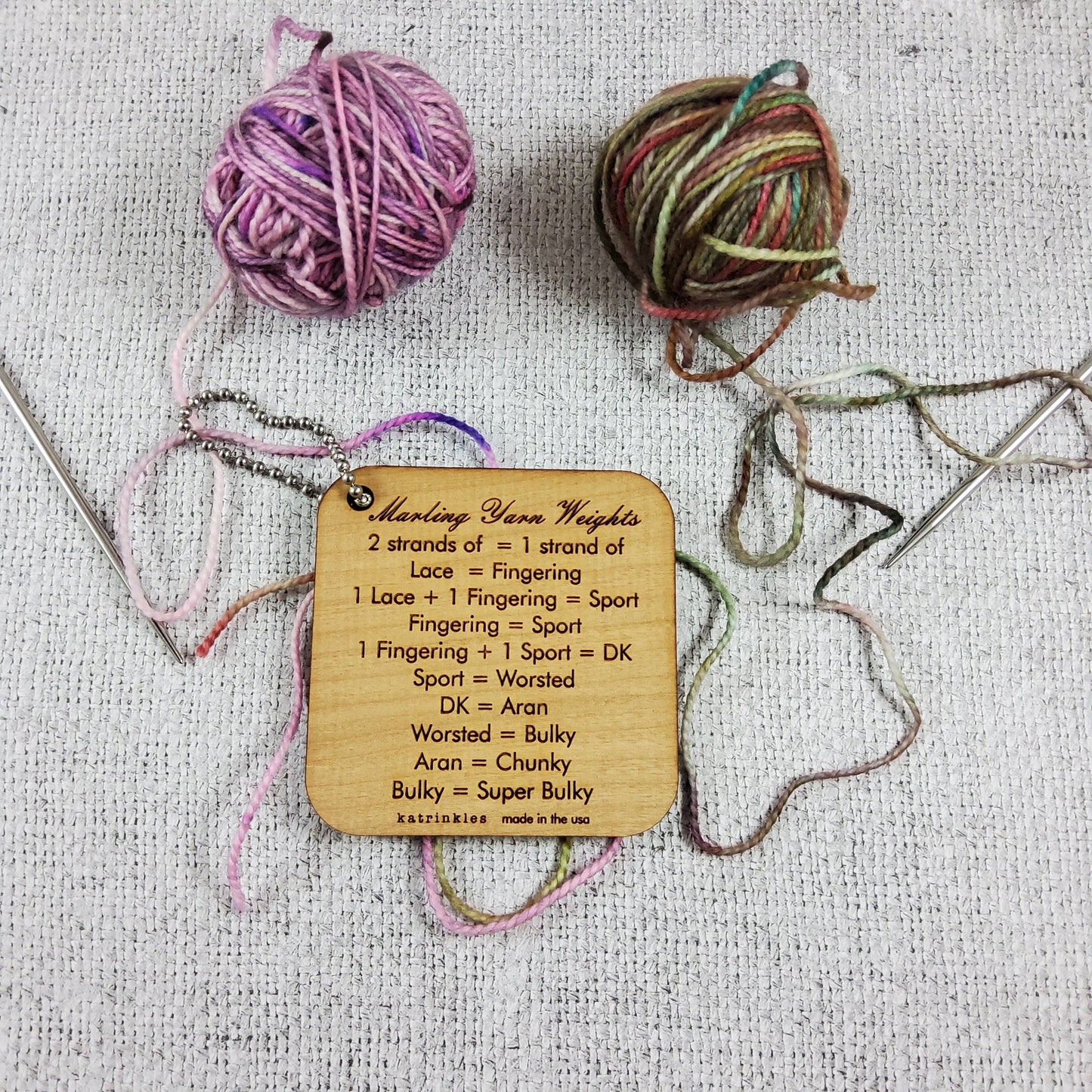 Katrinkles Yarn Weights Wooden Guide showing yarn weights worsted and examples of different yarn strands