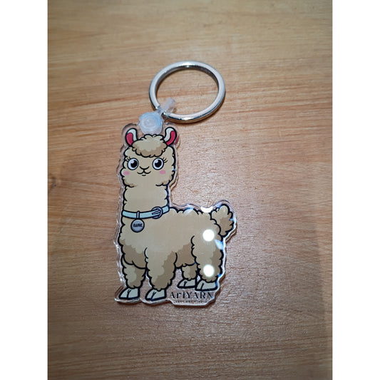 Cute llama acrylic keychain accessory with vibrant colors and cheerful design from AriYARN Shop and Studio