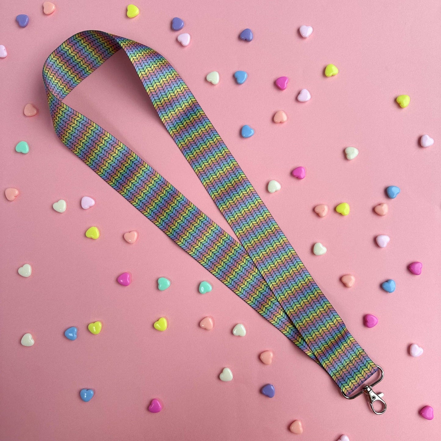 Colorful Hello Kitty lanyard with a vibrant rainbow pattern for keys or badges