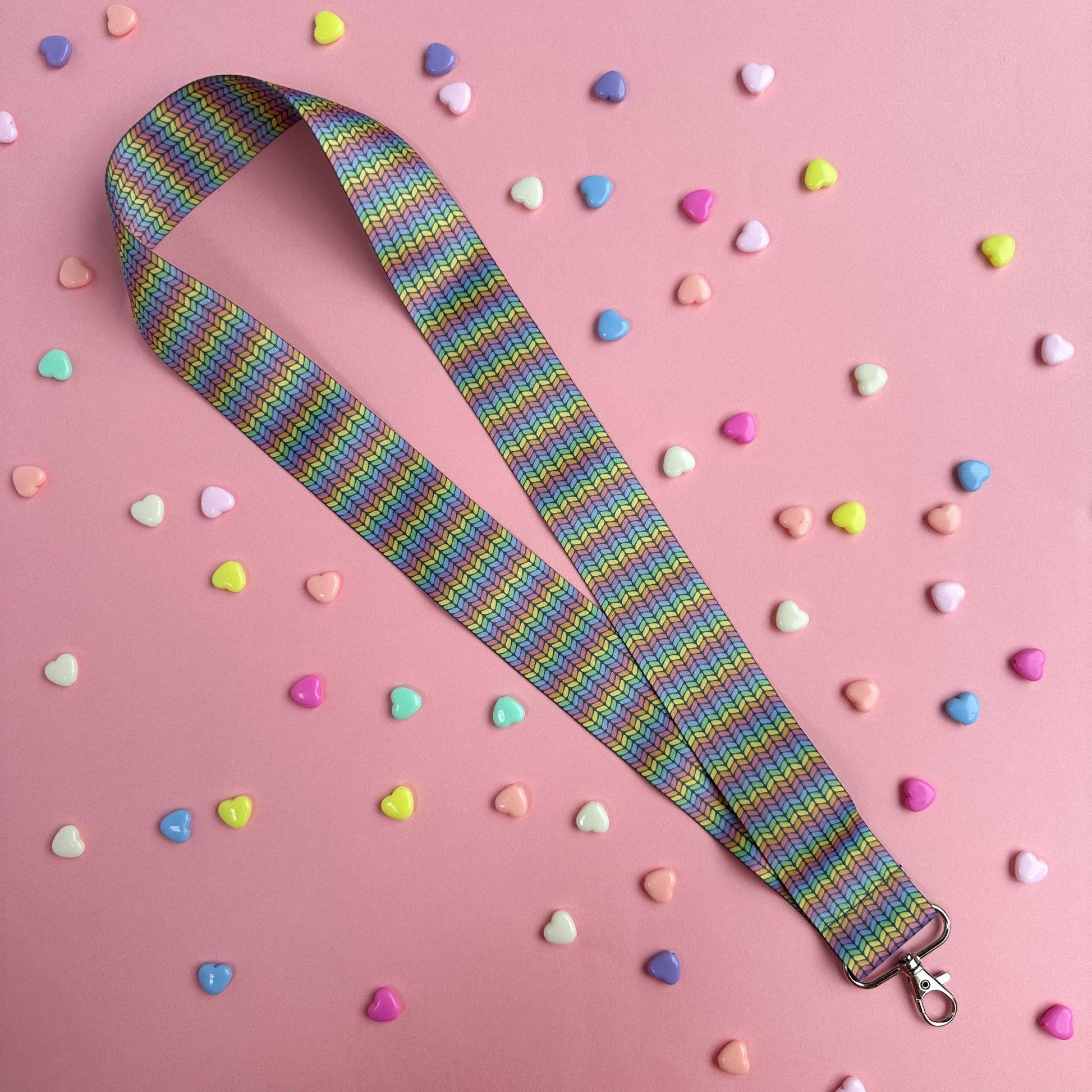 Colorful Hello Kitty lanyard with a vibrant rainbow pattern for keys or badges