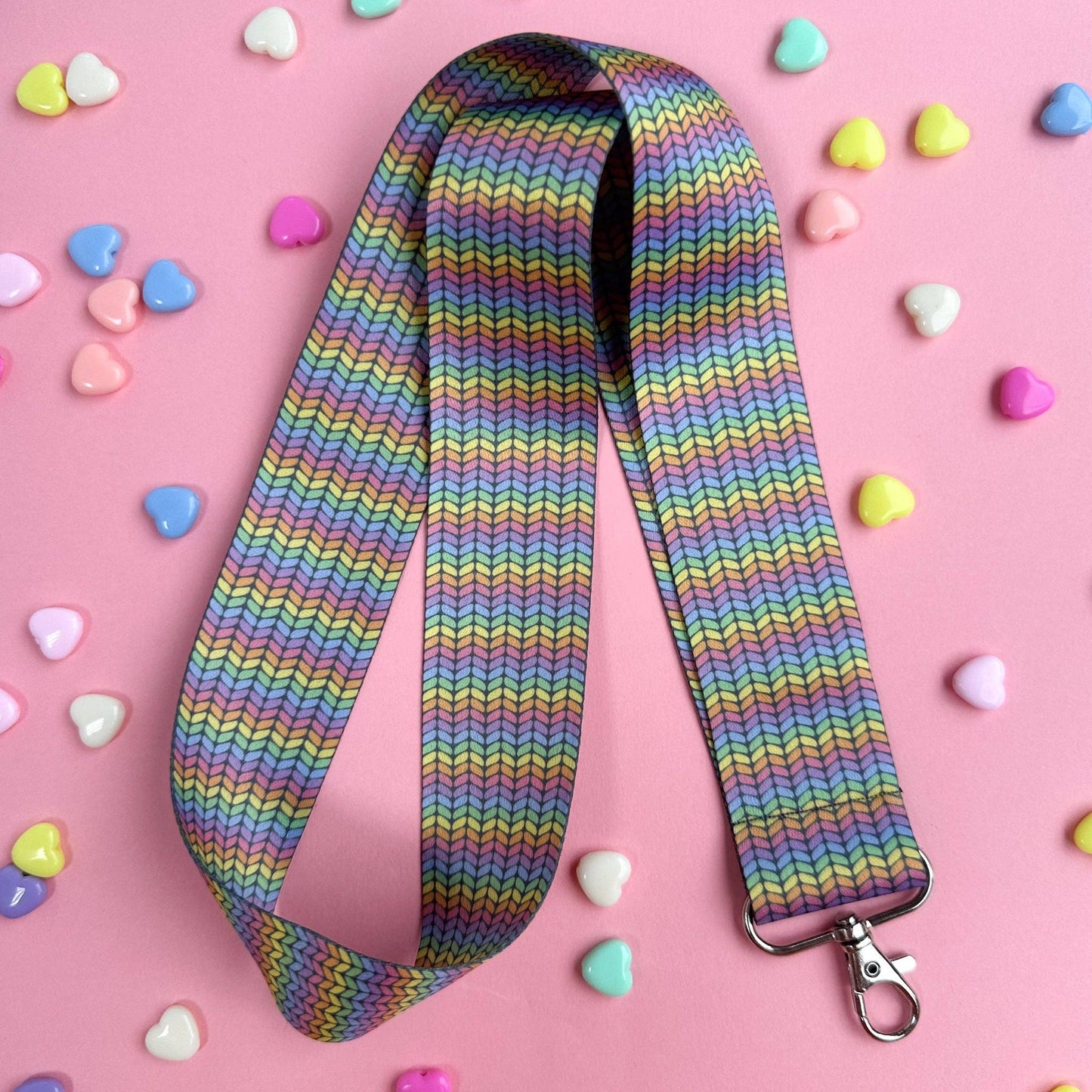 Colorful zigzag hello kitty lanyard with a metal clip for keys or ID cards