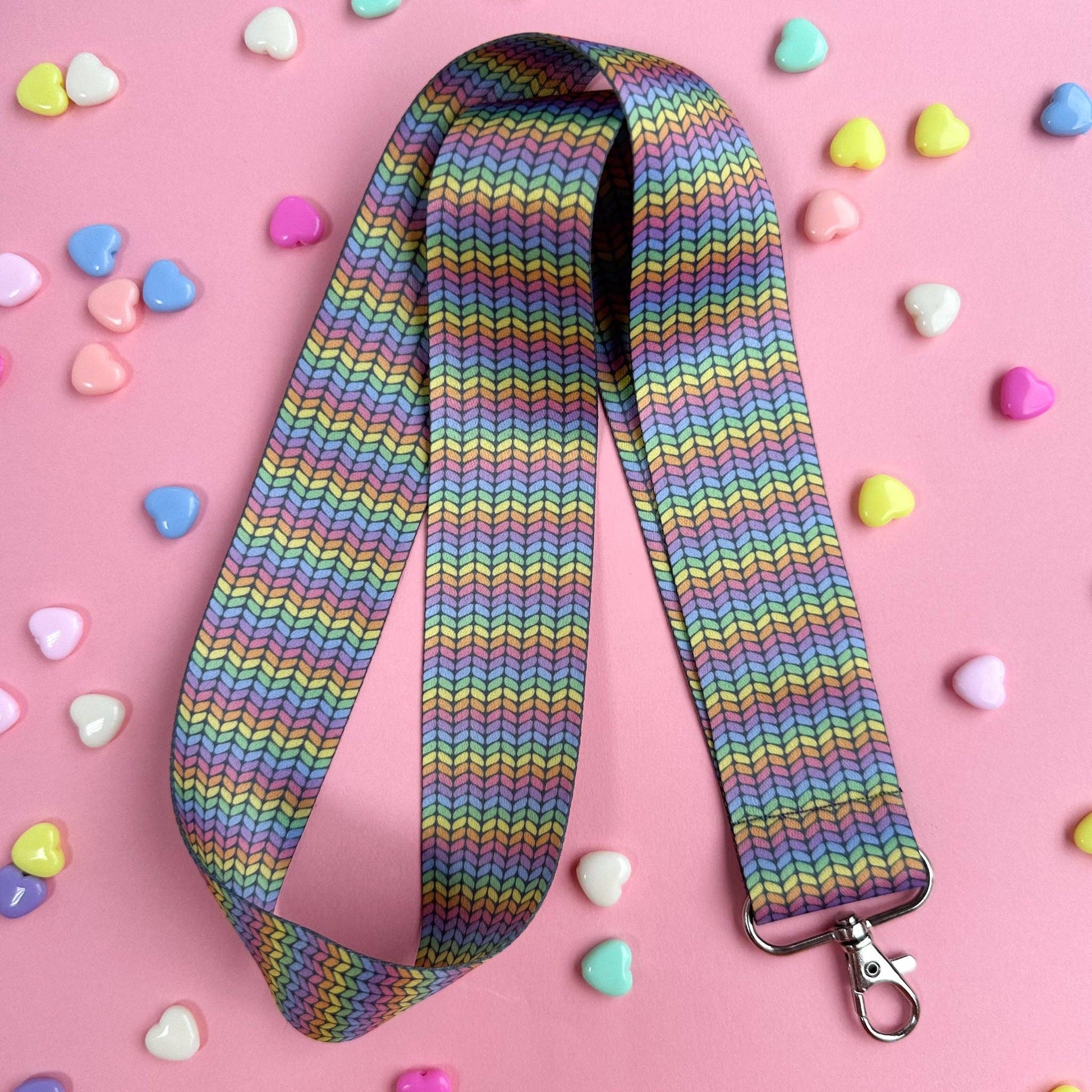 Colorful zigzag hello kitty lanyard with a metal clip for keys or ID cards