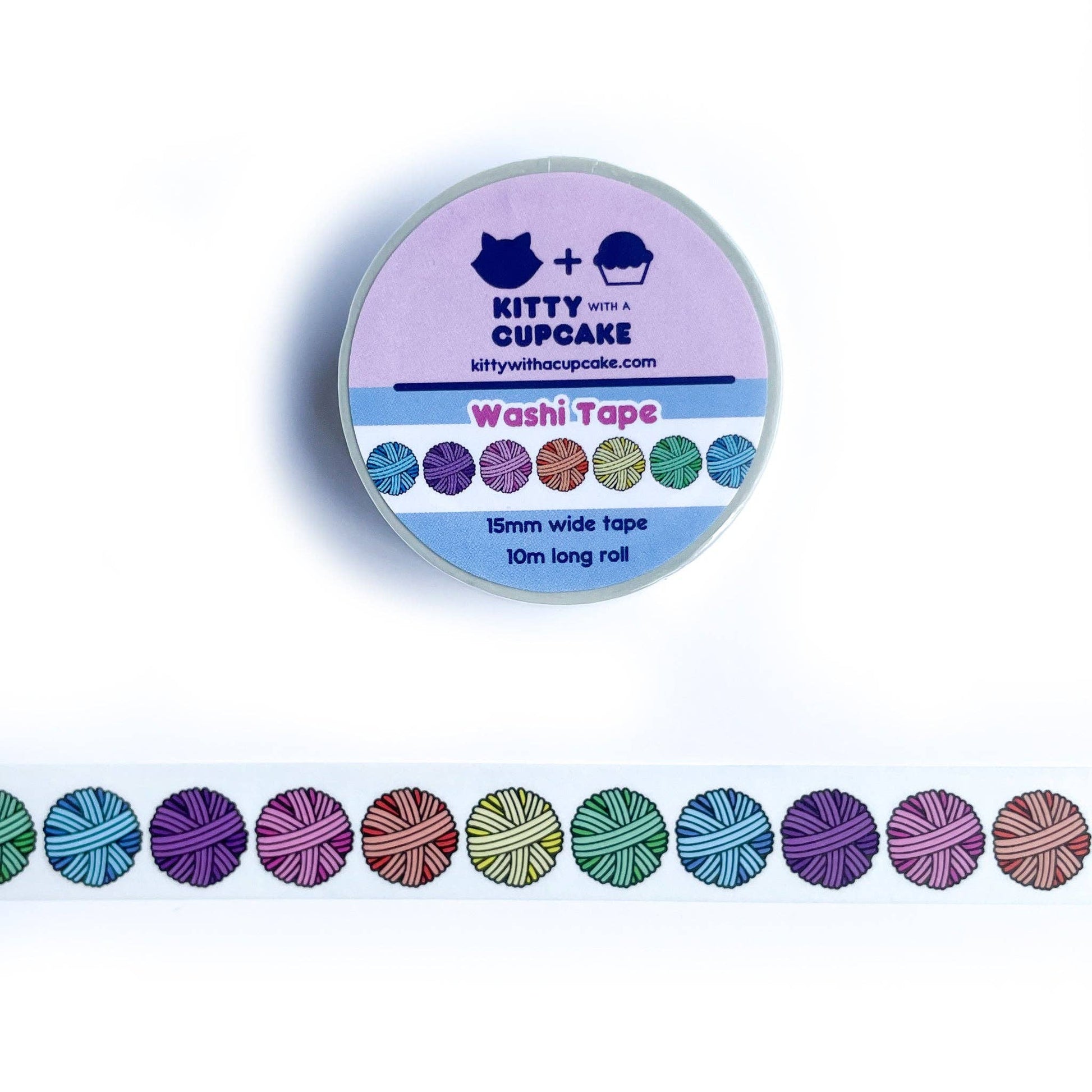 Kitty With A Cupcake washi washi tape featuring colorful yarn ball designs on a 10m roll