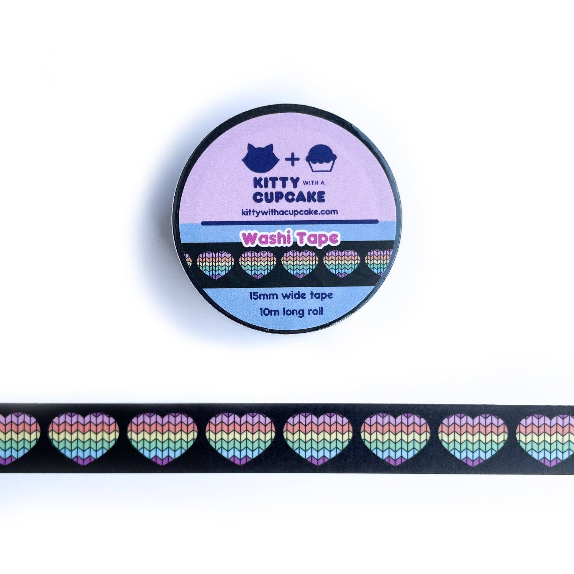 Washi washi tape by Kitty With A Cupcake featuring colorful heart patterns on a black background